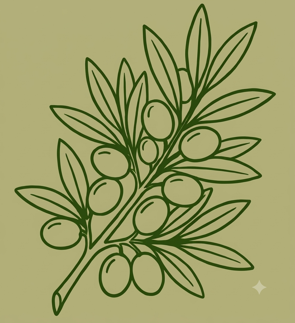 Illustration einer Olive mit Blättern auf grünem Hintergrund.