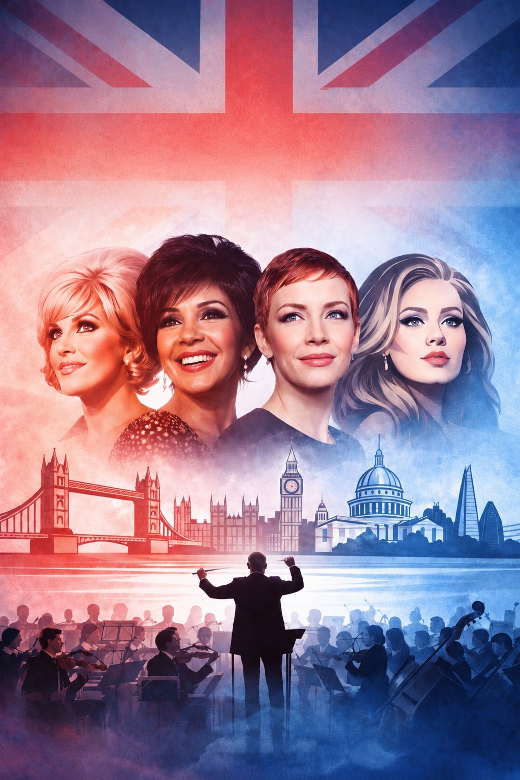 Promotional poster featuring four women with a London skyline and an orchestra in the background, and the Union Jack flag at the top.