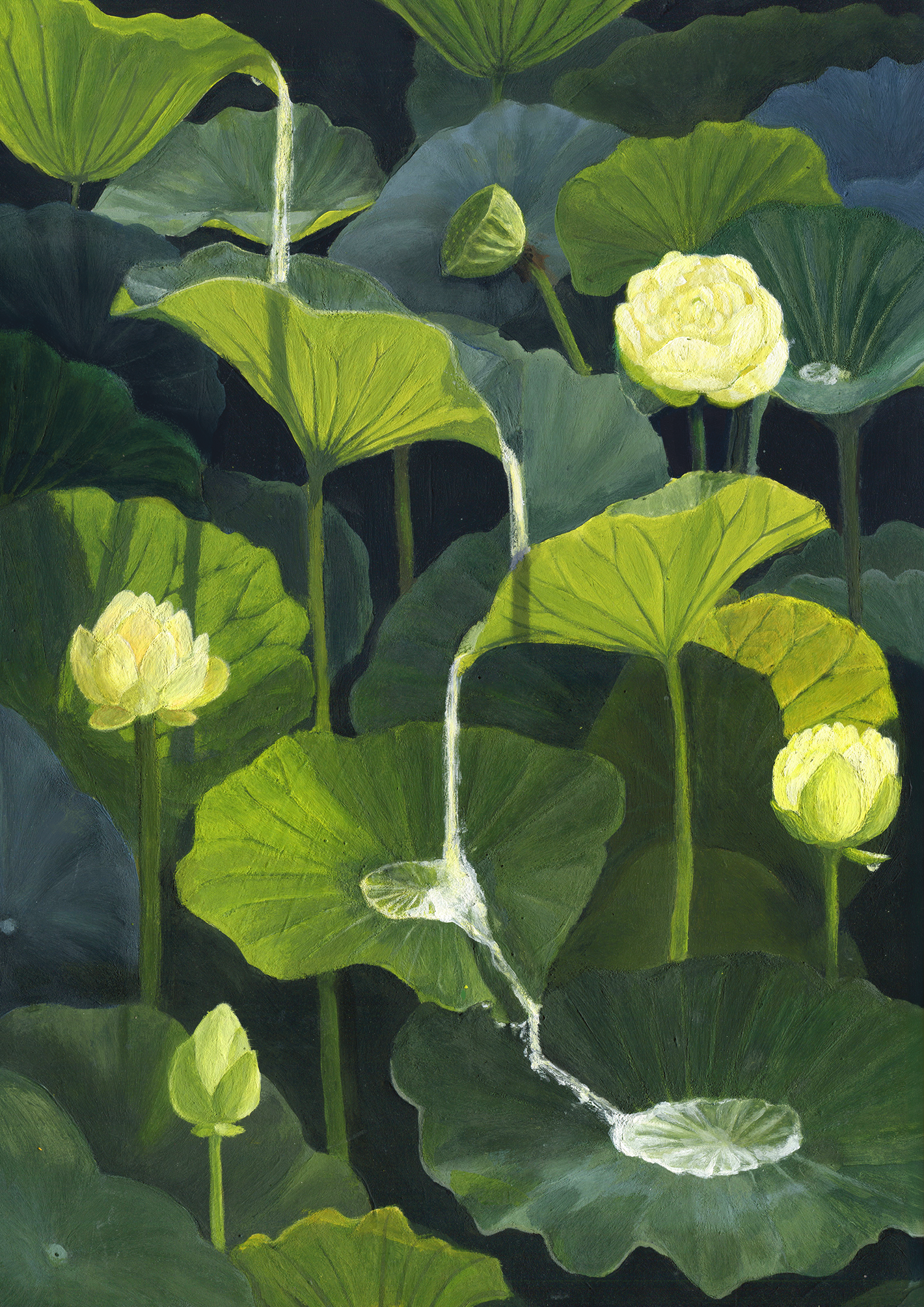 A painting of a waterfall flowing through lush green tropical leaves.