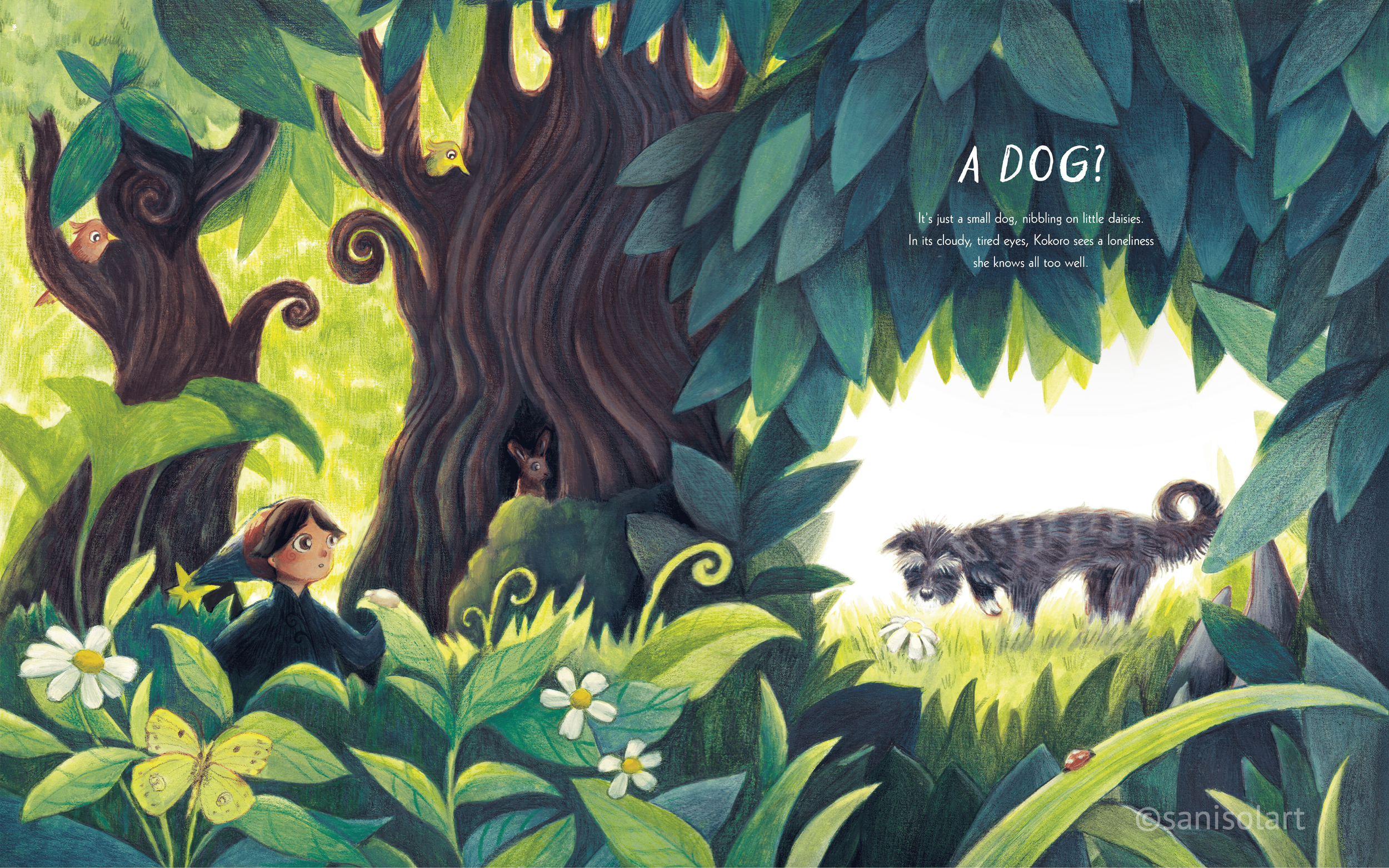 A DOG?
It's just a small dog, nibbling on little daisies. In its cloudy, tired eyes, Kokoro sees a loneliness she knows all too well.