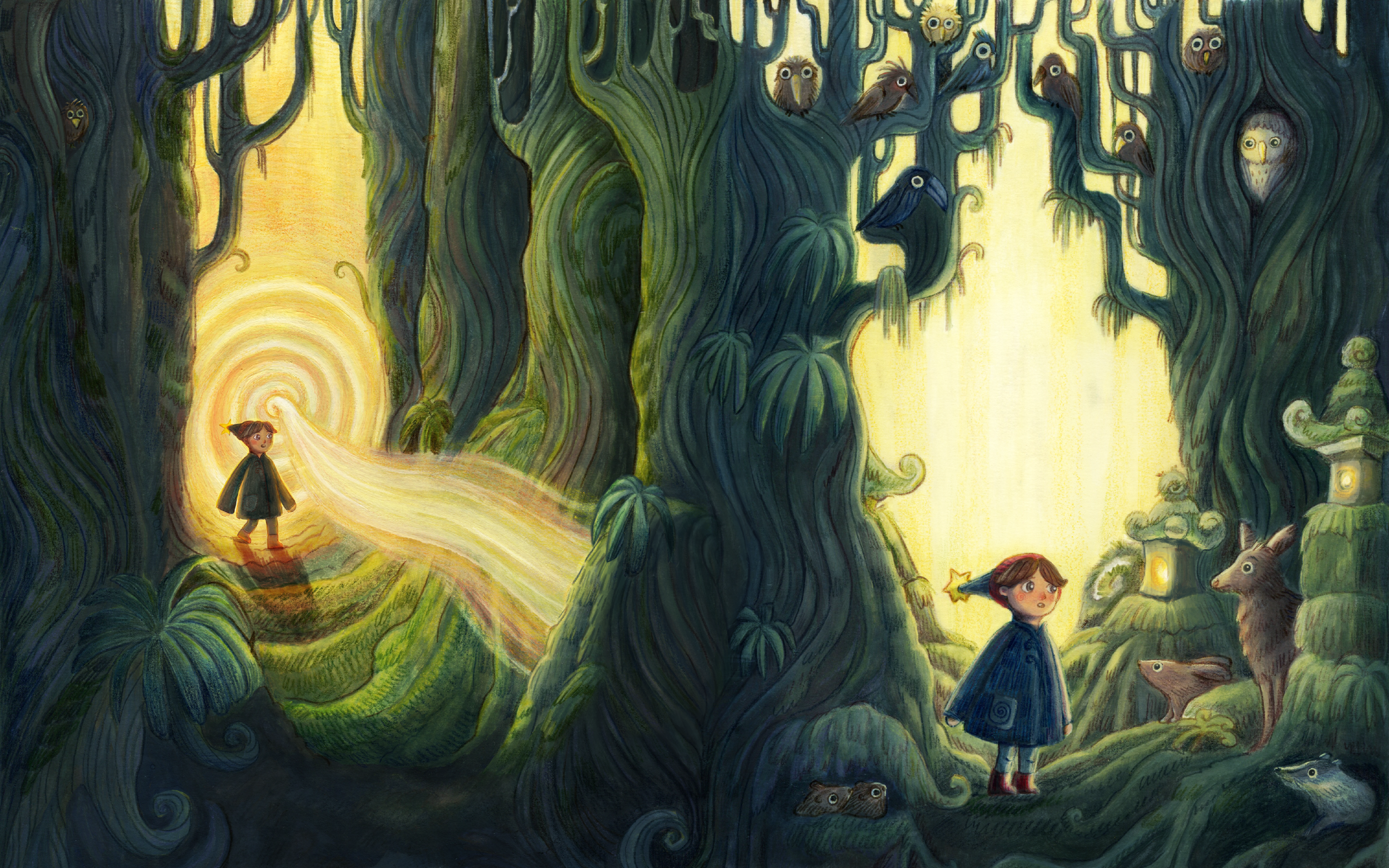 A fantasy illustration of two young girls in a mystical forest with animated trees and owl-like creatures, illuminated by warm golden light.