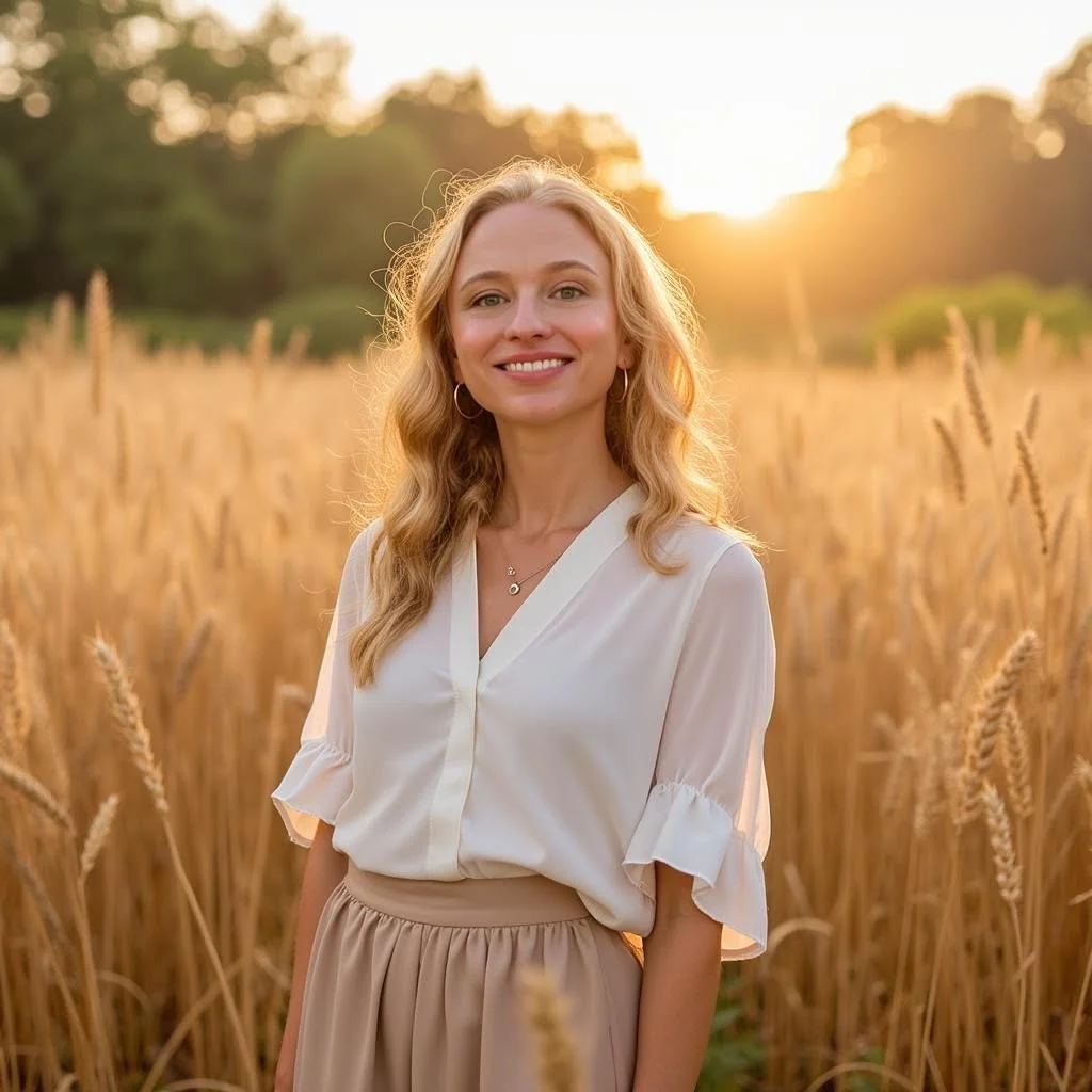 A woman with blonde wavy hair smiling in a wheat field at sunset.