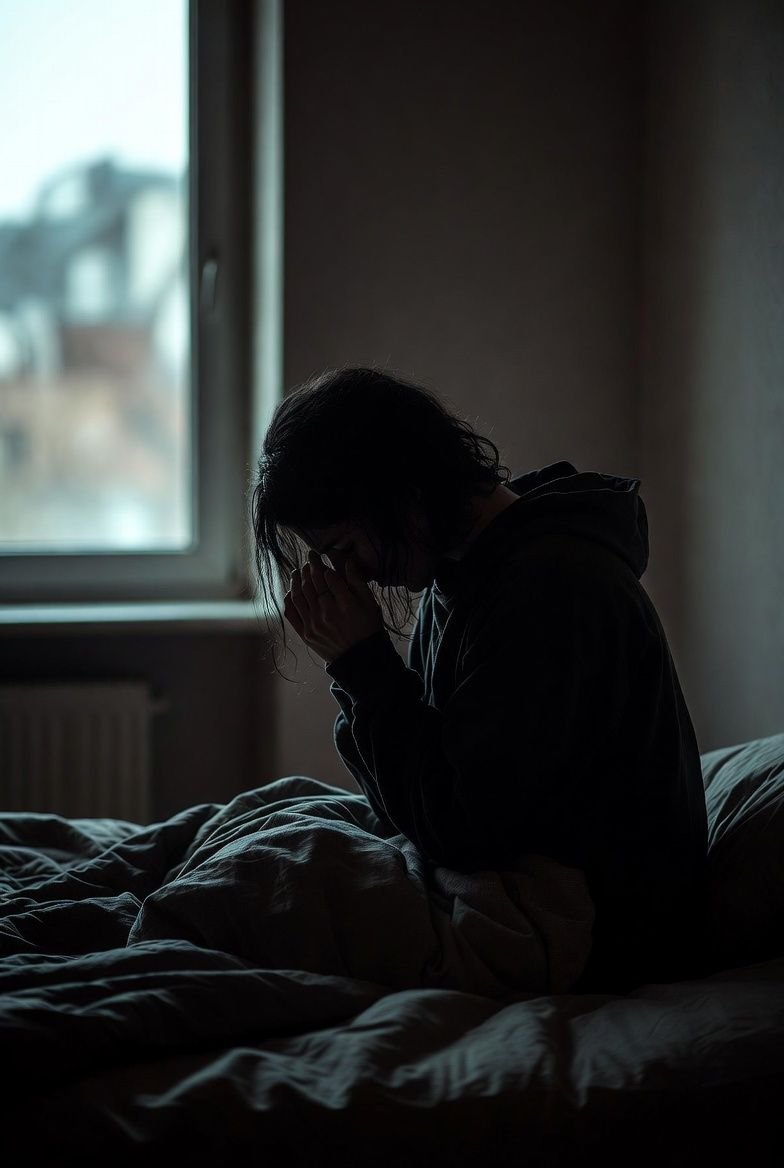 Una persona seduta su un letto, con la testa chinata e le mani in preghiera o coprendo il volto, in una stanza buia con la luce proveniente da una finestra sullo sfondo.