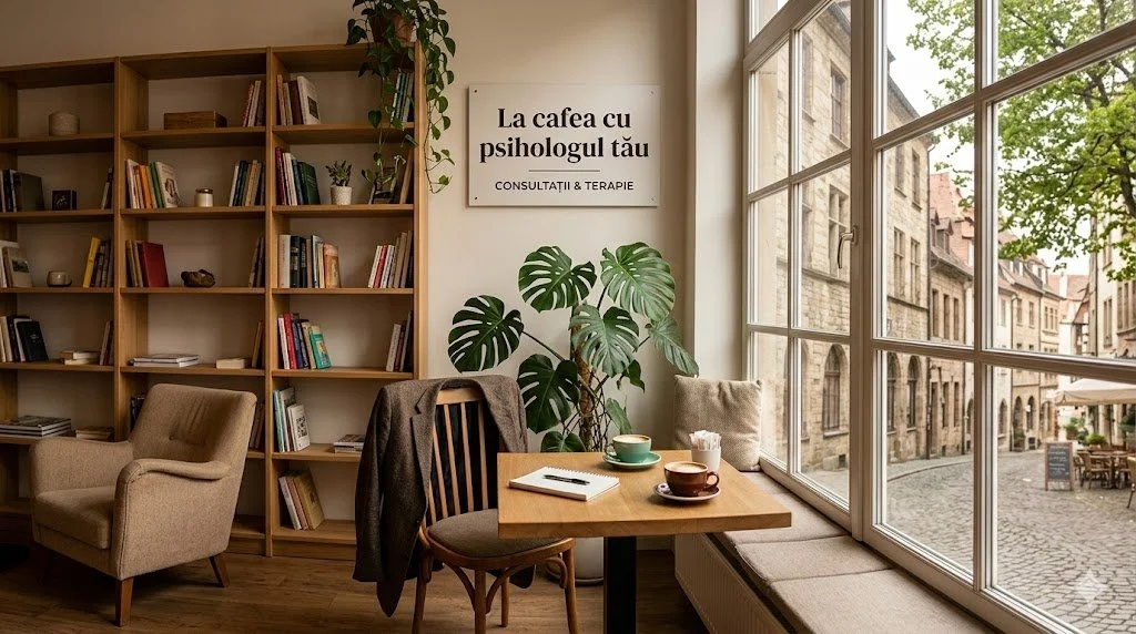 Interno di una caffetteria con grandi finestre, una libreria di legno, una poltrona beige, un tavolo con tazza, piatti e un quaderno, e piante verde in decorazione.
