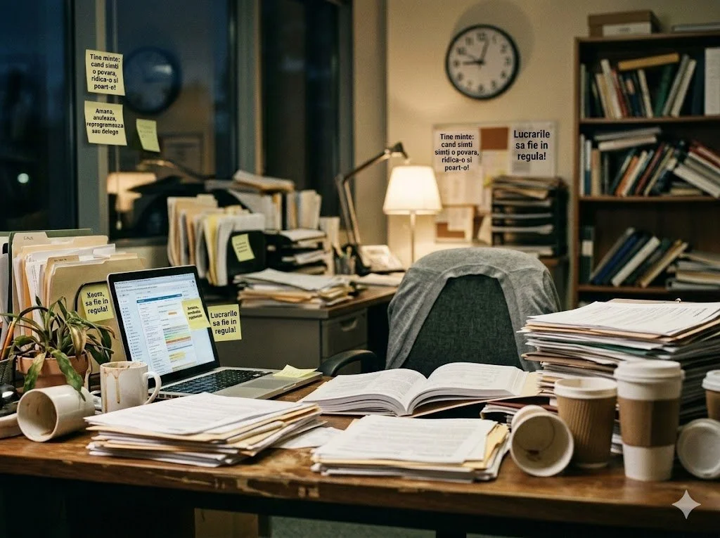 ufficio disordinato con molti documenti, tazza, caffè, laptop acceso, sedia con coperta, librerie piene di libri, orologio a parete, lampada accesa e poster con citazioni motivazionali.