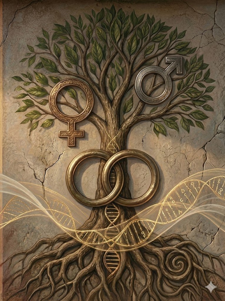 Albero della vita con simboli maschile e femminile, DNA e anelli d'oro su uno sfondo di mura usurate