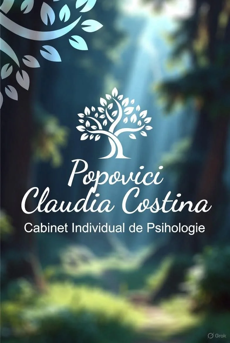 Banner pubblicitario con un albero stilizzato e testo in italiano che promuove uno studio di psicologia di Claudia Costina con uno sfondo di natura, alberi e luce naturale.