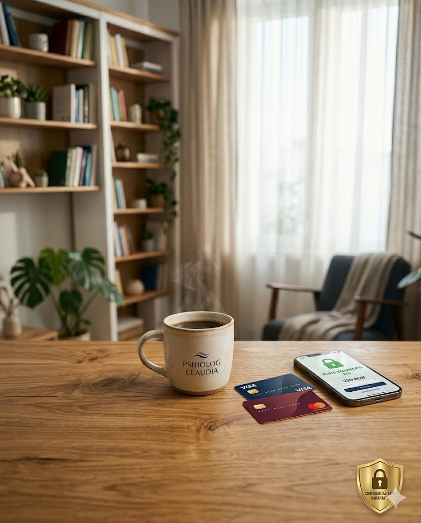 Una tazza di caffè con scritto 'psicolog Claudia', due carte di credito e uno smartphone con l'app di una banca aperta su un tavolo di legno, con uno sfondo di una stanza luminosa con librerie, piante, una finestra con tende e una poltrona.