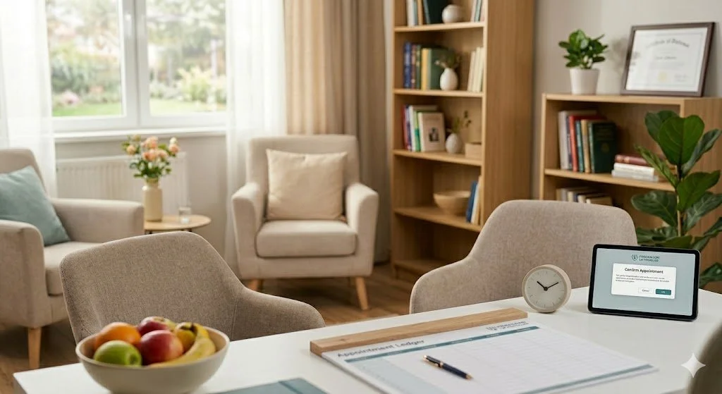 Interno di un soggiorno con poltrone, libreria, tavolo con frutta, tablet e orologio, decorazioni e piante.