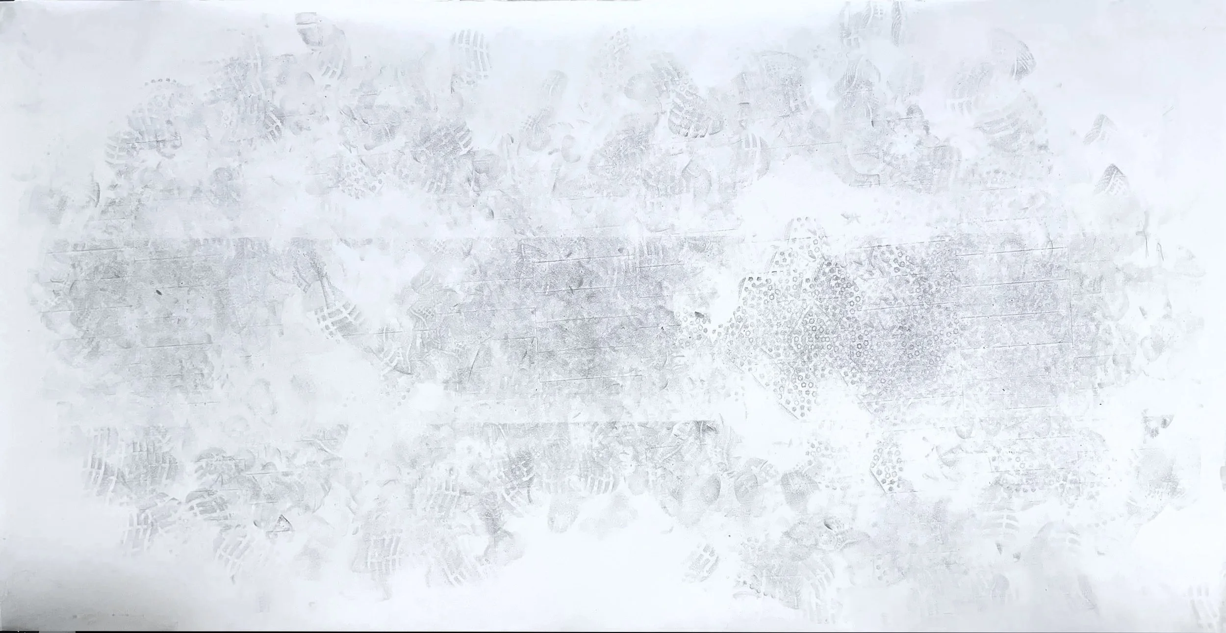 Reel of Three (with rant stepping), carbon paper monoprint, 2026. 50.5 x 110 inches (est.). Participants were Louise Siddons, Lottie Turner, Tom Goodale, Nigel Sharp, Linda Moon, Anna Ruth Rowan, Skye Purchase, Simon Peachey, and Linda Game on fiddle