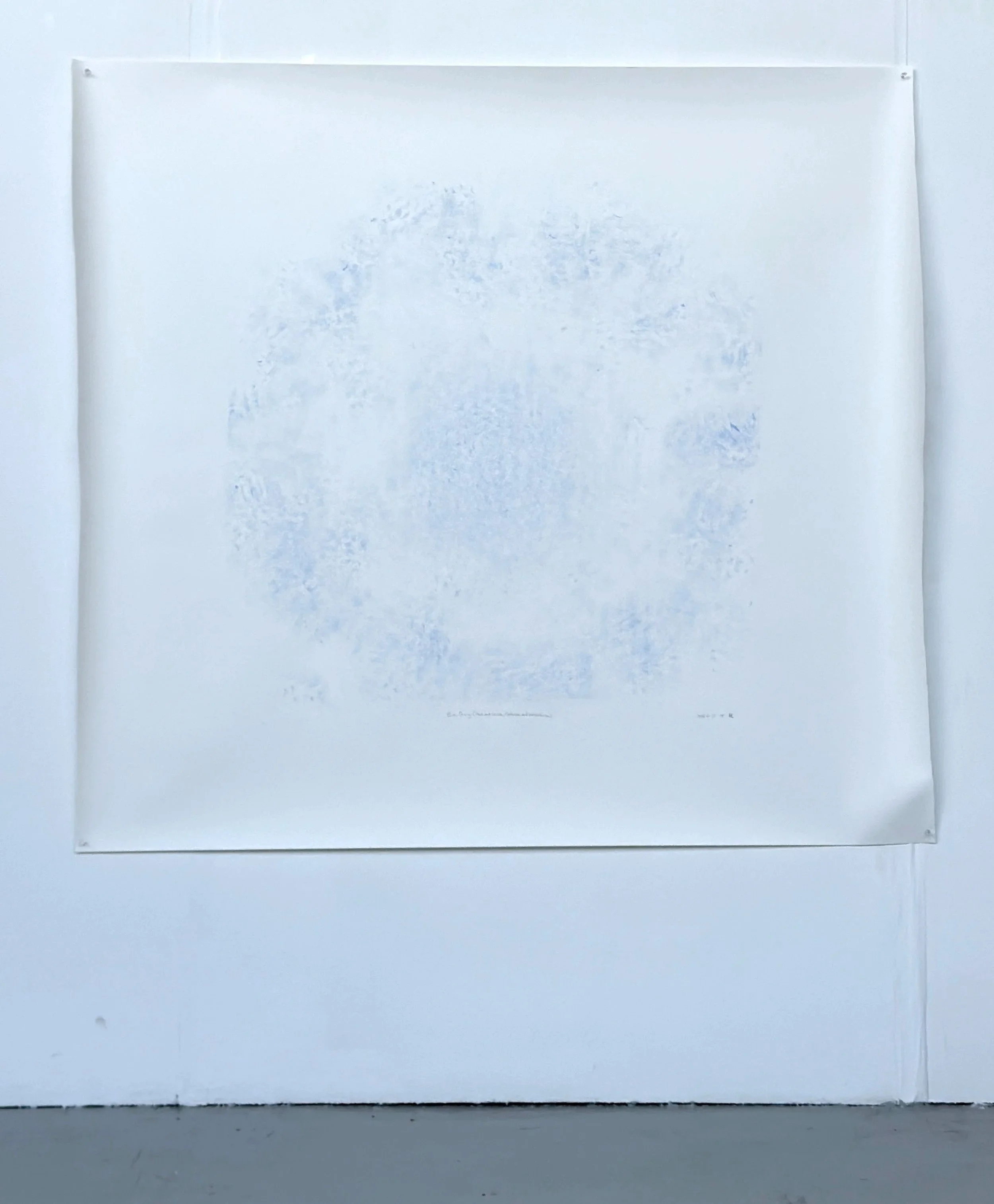 Swing (Hsiu & Louise, clockwise and anticlockwise), blue transfer paper monoprint with burlap, 2026. Participants: Hsiu Chang, Louise Siddons, Molly Tucker (fiddle), Linda Game (fiddle). Photograph by Dave Gibbons.