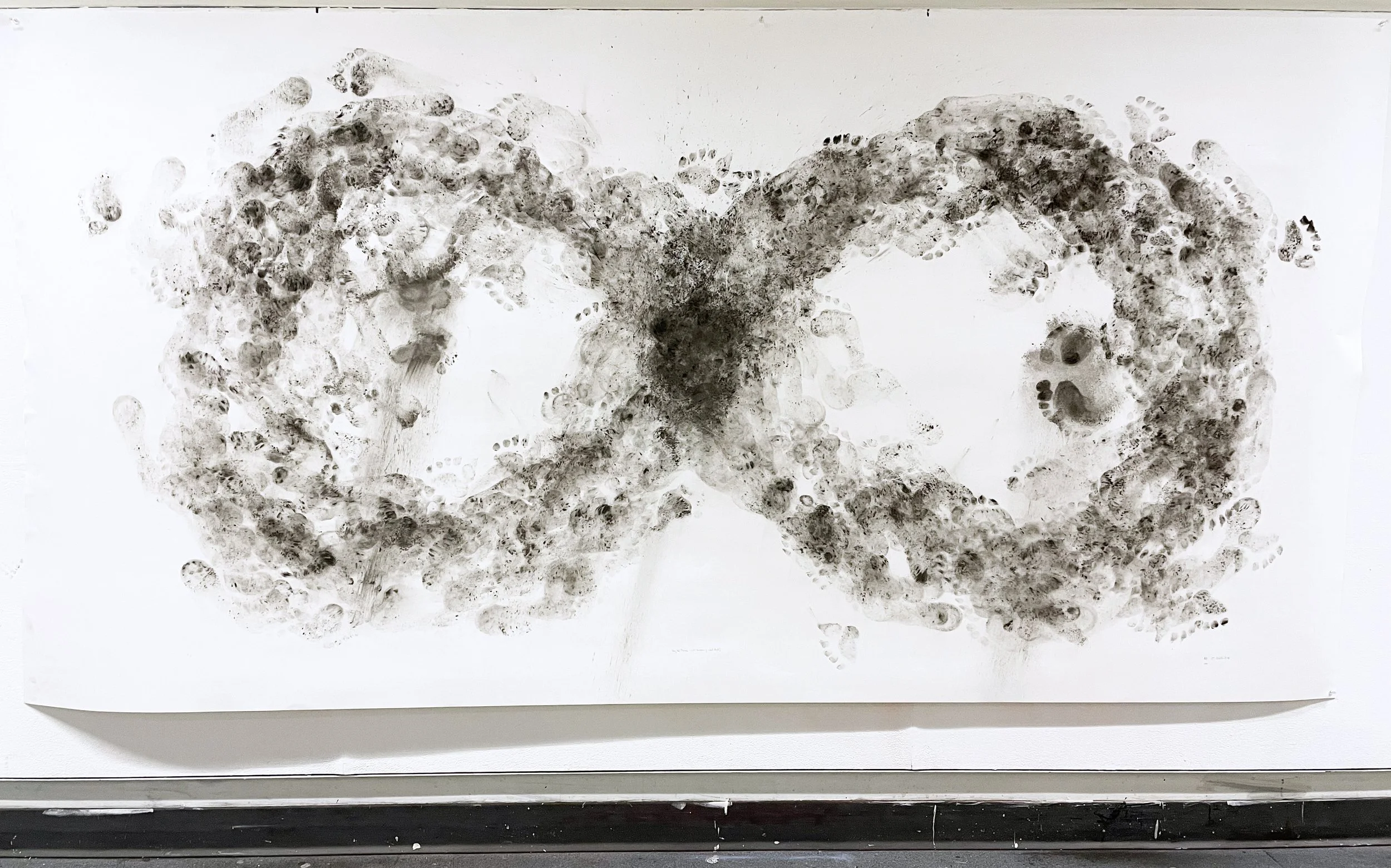 Hey for Three (Al, Louise, and Will), 2026. Tempera on paper, 52 x 95 in. (approx.). Installation view.