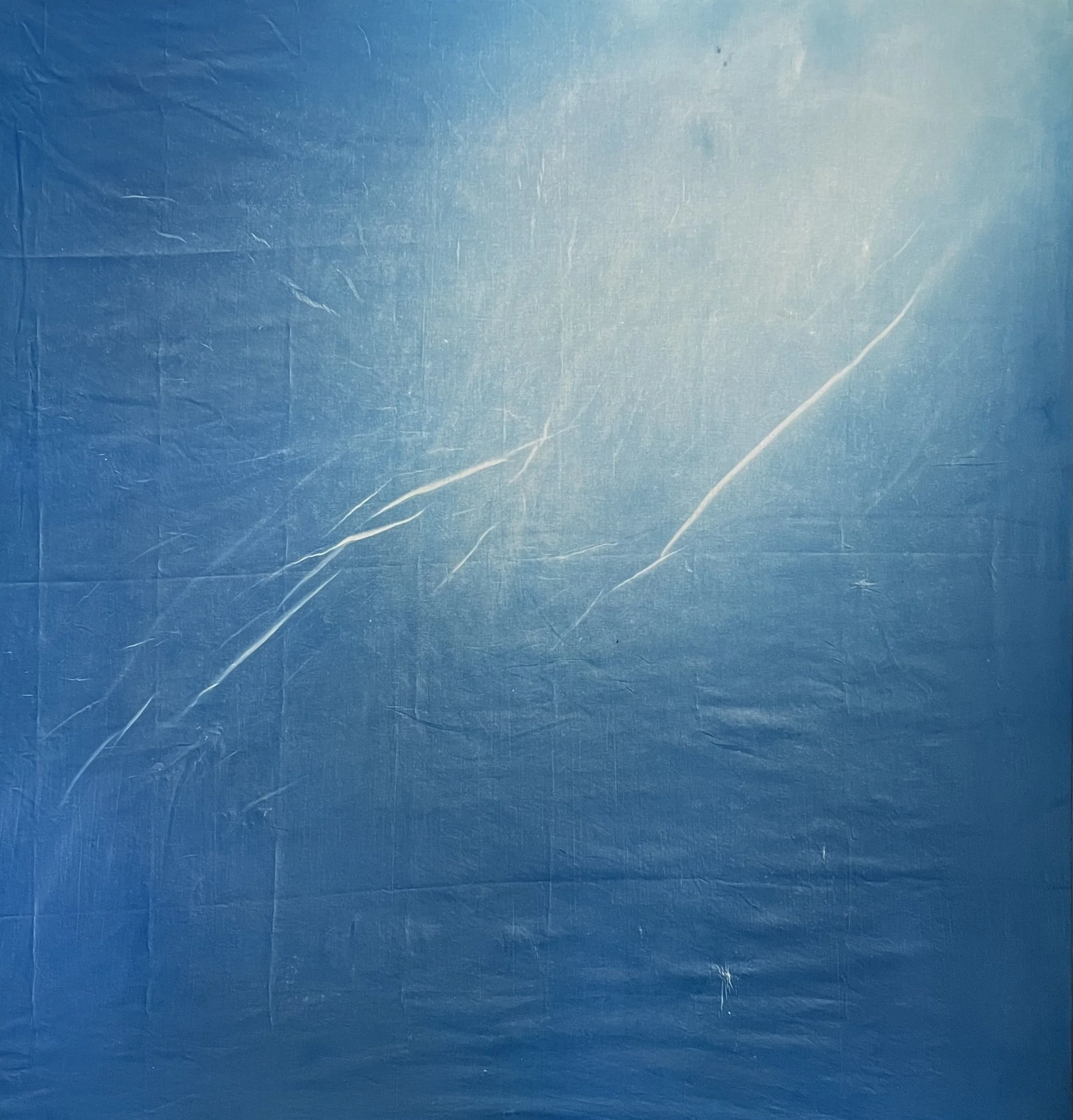 Swing: Solar Noon, Whitby, 2026. Cyanotype on cotton, 120 x 115 cm. Created at Whitby Folk Week 2026.