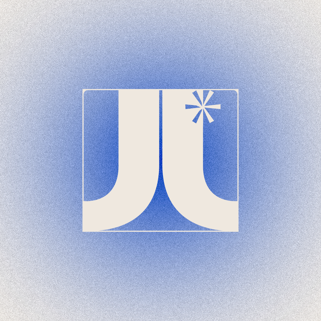 Grafisches Design mit blauen und weißen Elementen, einem stilisierten 'J' und 'L', sowie einem Gendersternsymbol in der oberen rechten Ecke.