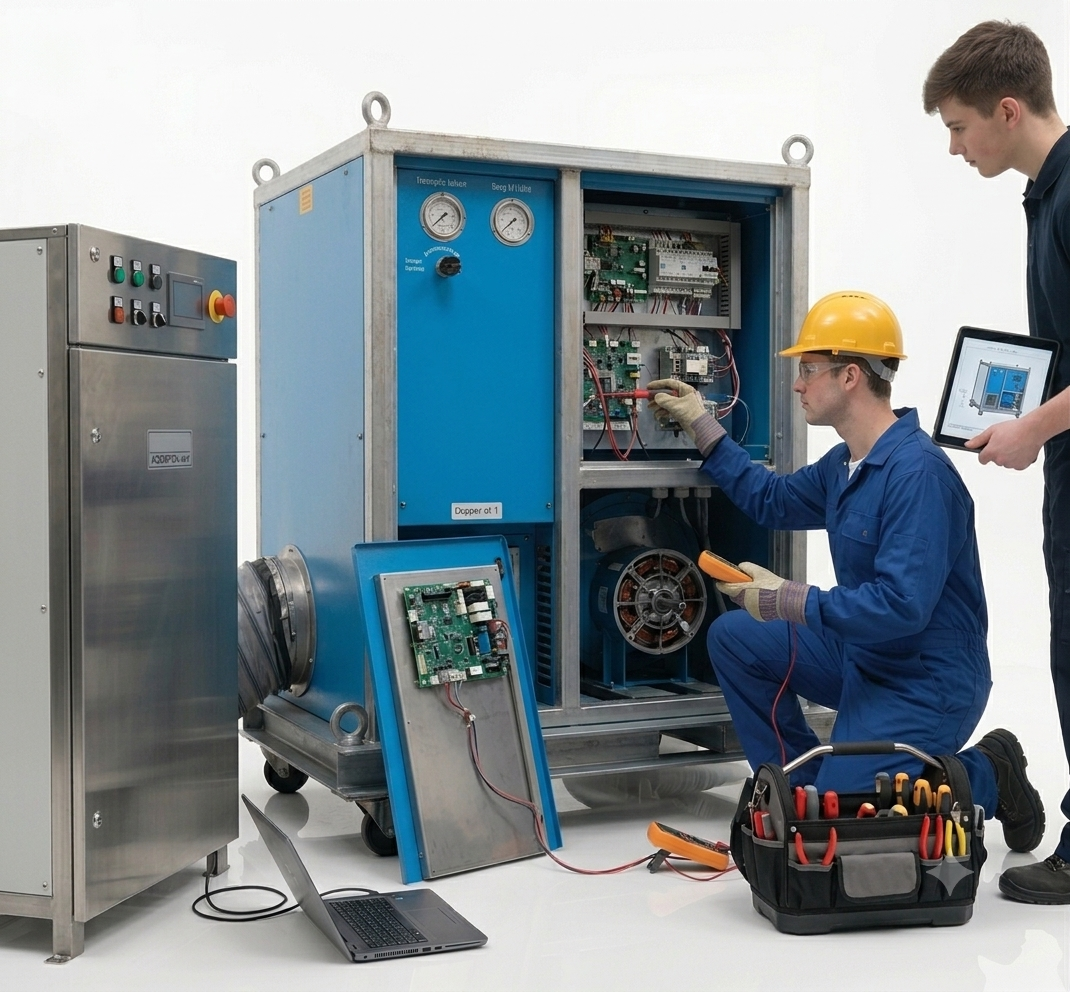 Deux techniciens, dont un portant un casque de sécurité, travaillent sur une grande machine électronique. L'un des techniciens est assis et utilise un multimètre, tandis que l'autre tient une tablette avec un schéma. Il y a une boîte à outils avec divers outils électriques à proximité.