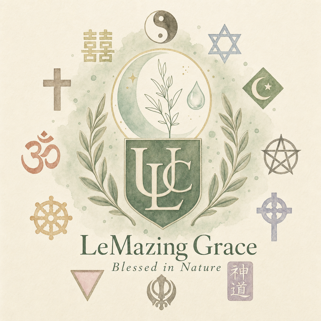 A watercolor illustration featuring spiritual symbols and plant motifs with the words "LeMazing Grace" and "Blessed in Nature".