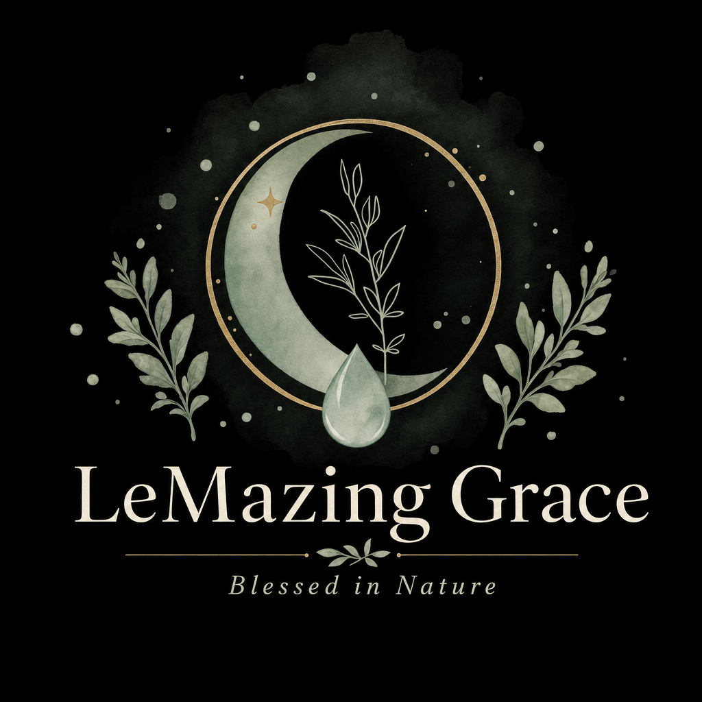 Elegant logo with moon, botanical elements, and a teardrop shape, featuring the text "LeMazing Grace" and the tagline "Blessed in Nature."
