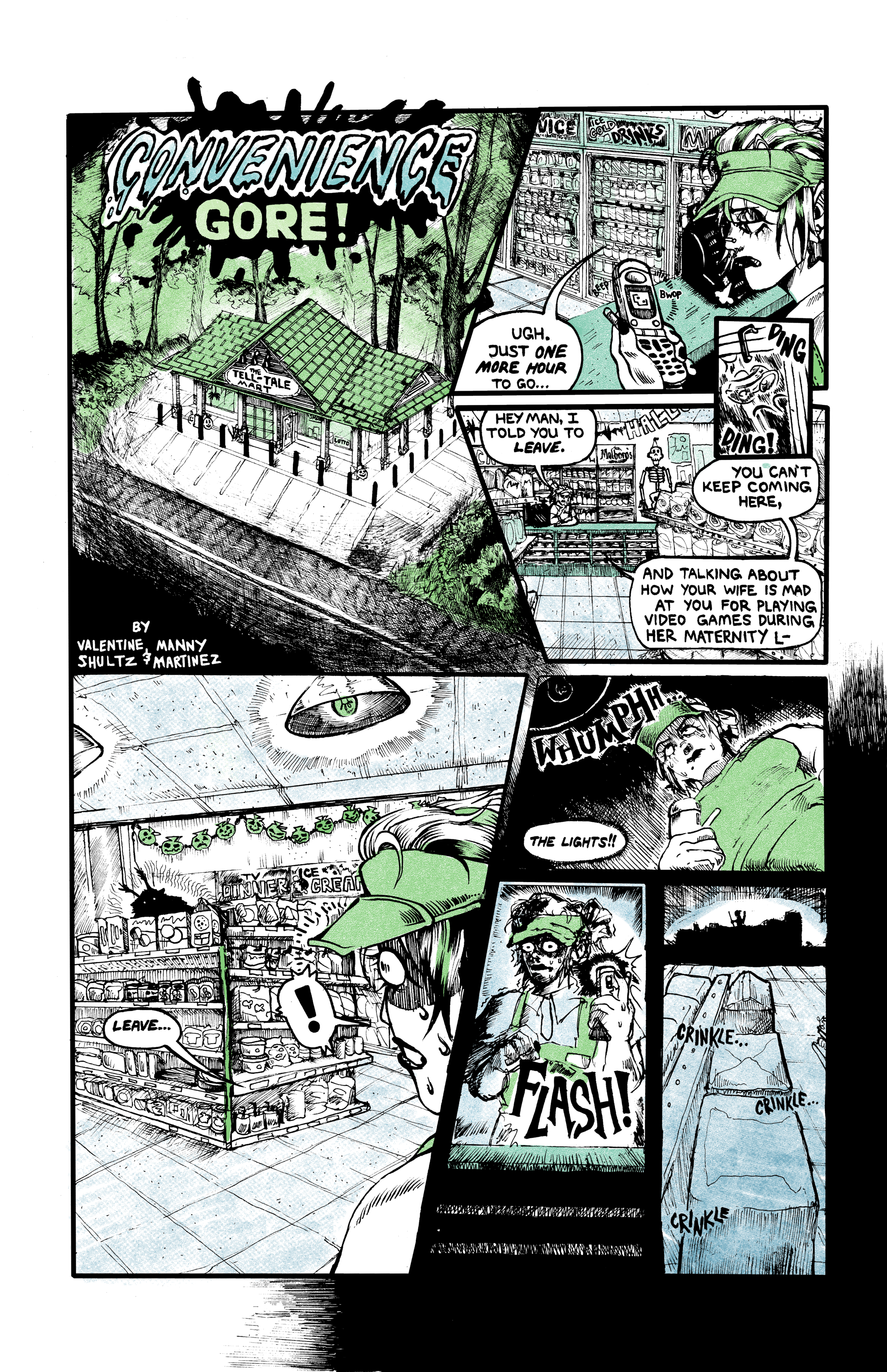 A comic strip depicting a convenience store with a sign reading 'GORE!' and a character with a visor and glasses looking at their phone, inside the store, a man is told to leave, others are talking and shopping, with scenes of a dark alley, a person fainting, and a crack in the ground.