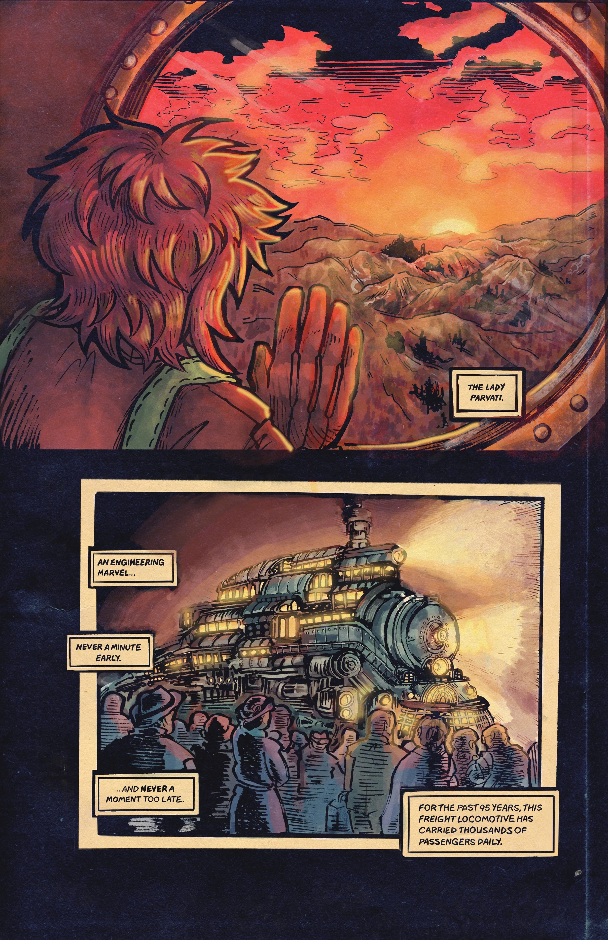 A person with red hair looking out a window at a sunset over a mountainous landscape. The person is touching the window with one hand, and the scene outside features a colorful sky with clouds and a setting sun.