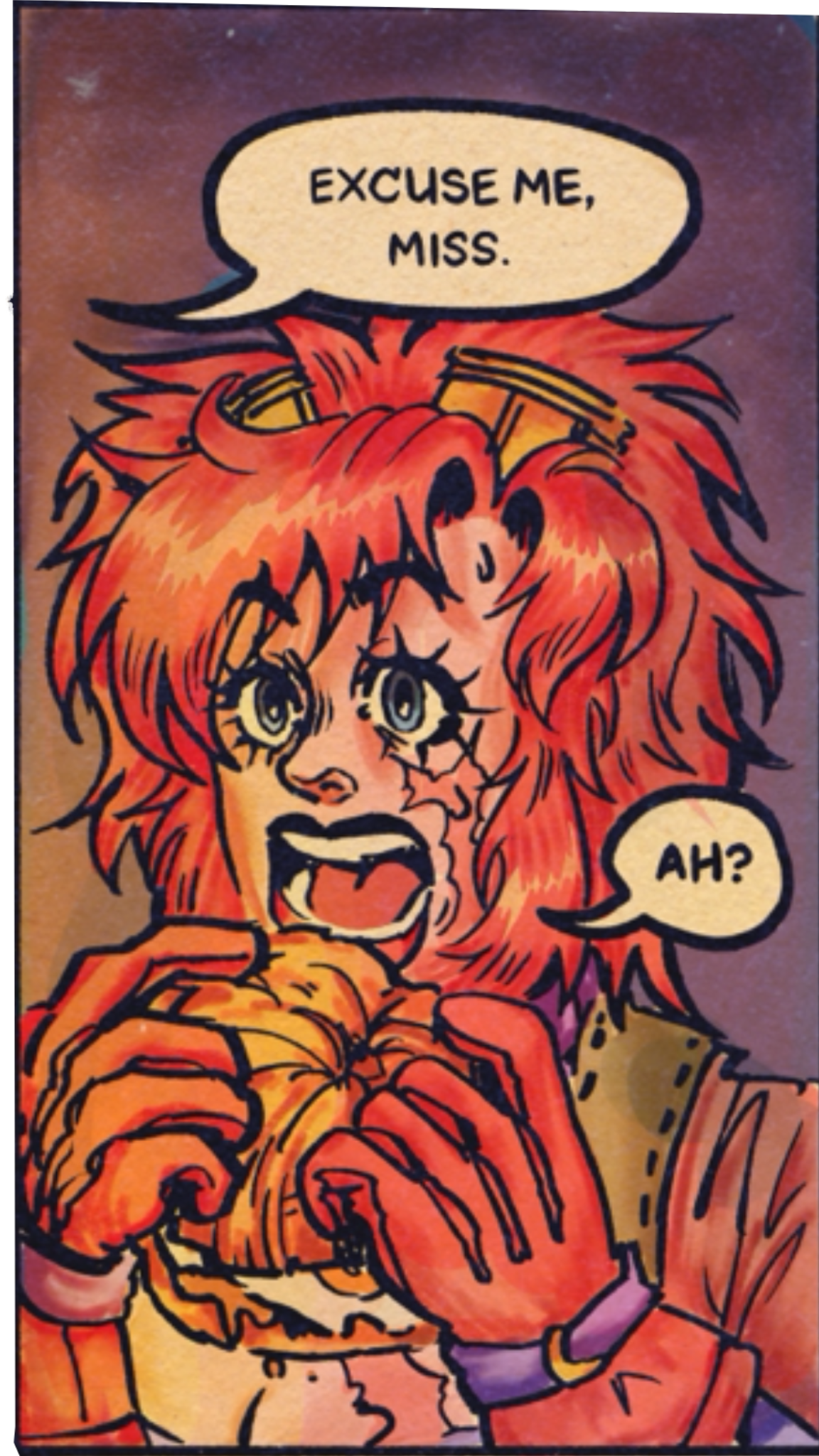 Drawing of a red-haired woman with big eyes, appearing surprised or shocked, with speech bubbles saying "Excuse me, miss" and "Ah?".