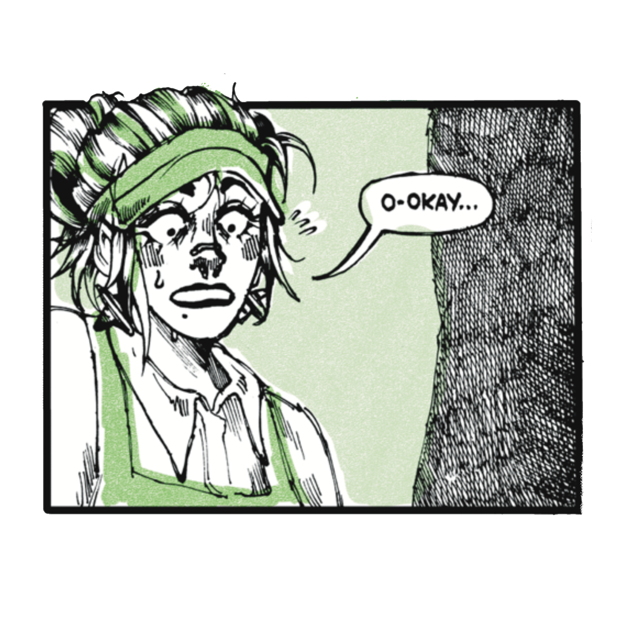 A comic book panel showing a female character with glasses and a headscarf, saying 'O-Okay...' with a worried expression.