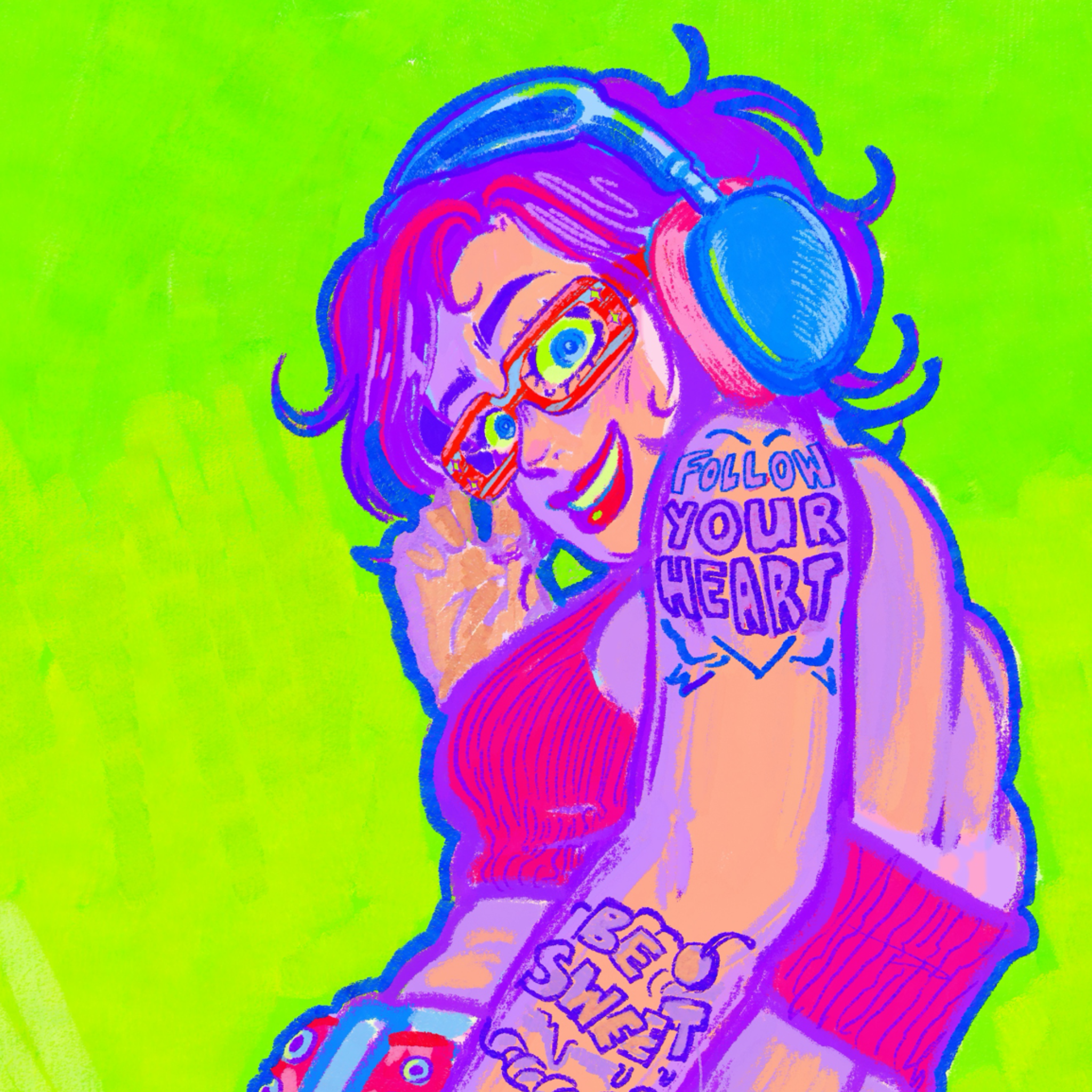 Digital illustration of a person with colorful hair wearing headphones and glasses, holding a phone with a warning message, on a bright green background.