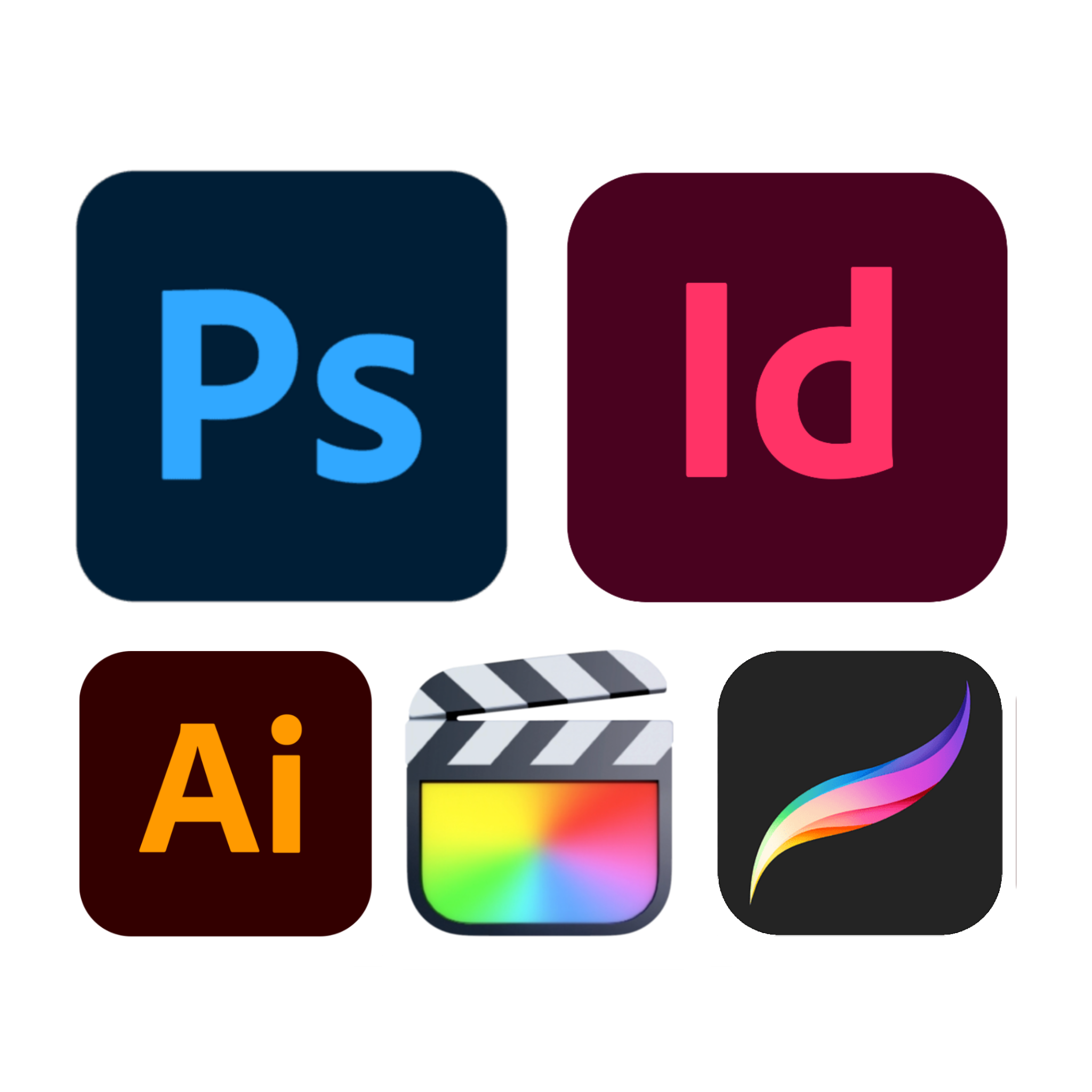 Collection of app icons on a black background, including Adobe Photoshop, Adobe Lightroom, Adobe Animate, Adobe Illustrator, Adobe Premiere Pro, and more.