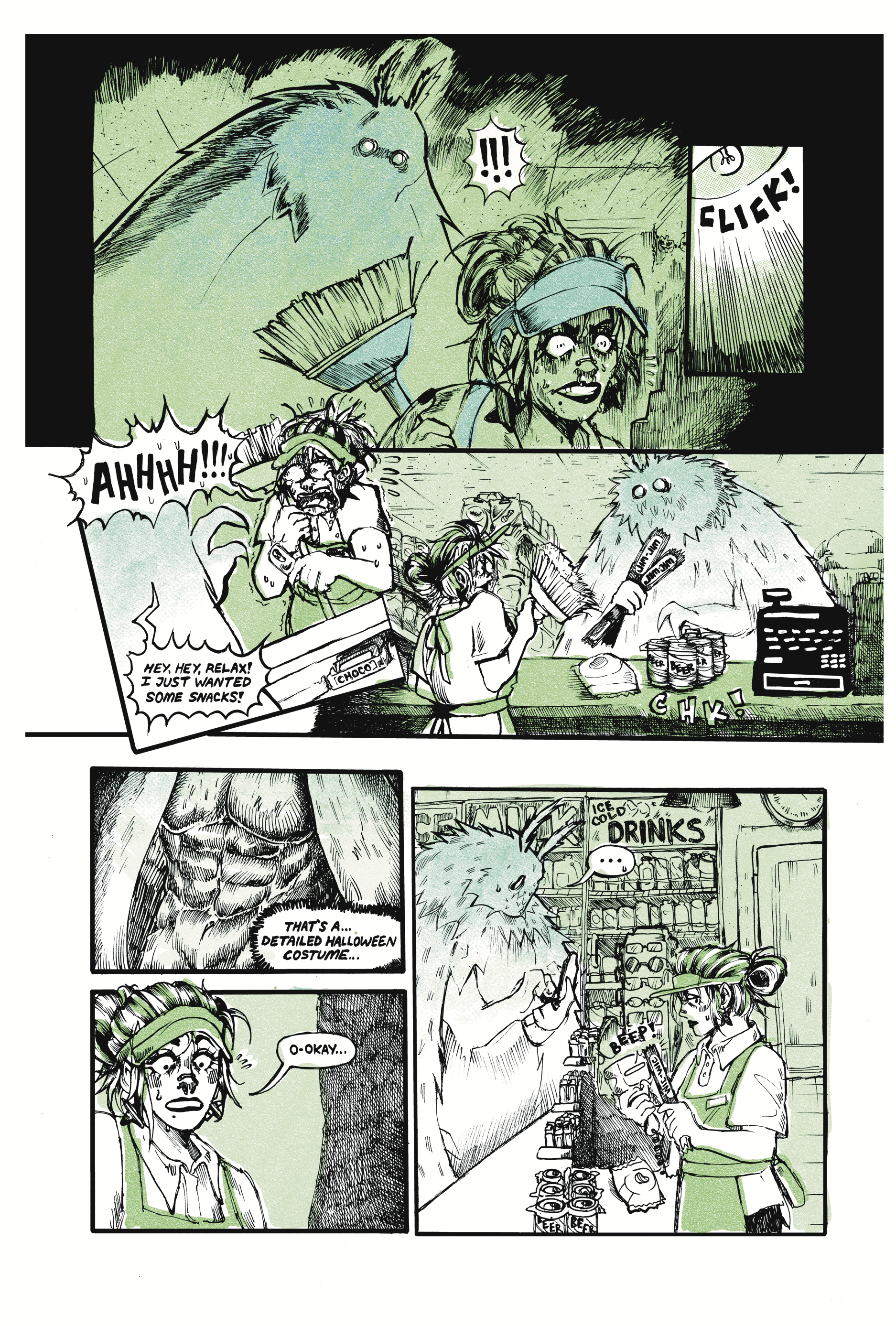 A comic strip featuring a young woman in a Halloween costume shopping in a store. She is surprised by a large creature with furry fur and large eyes, who is holding snacks and a gun. The woman comments on the detailed Halloween costume, and another character in the store looks nervous as they observe the creature.