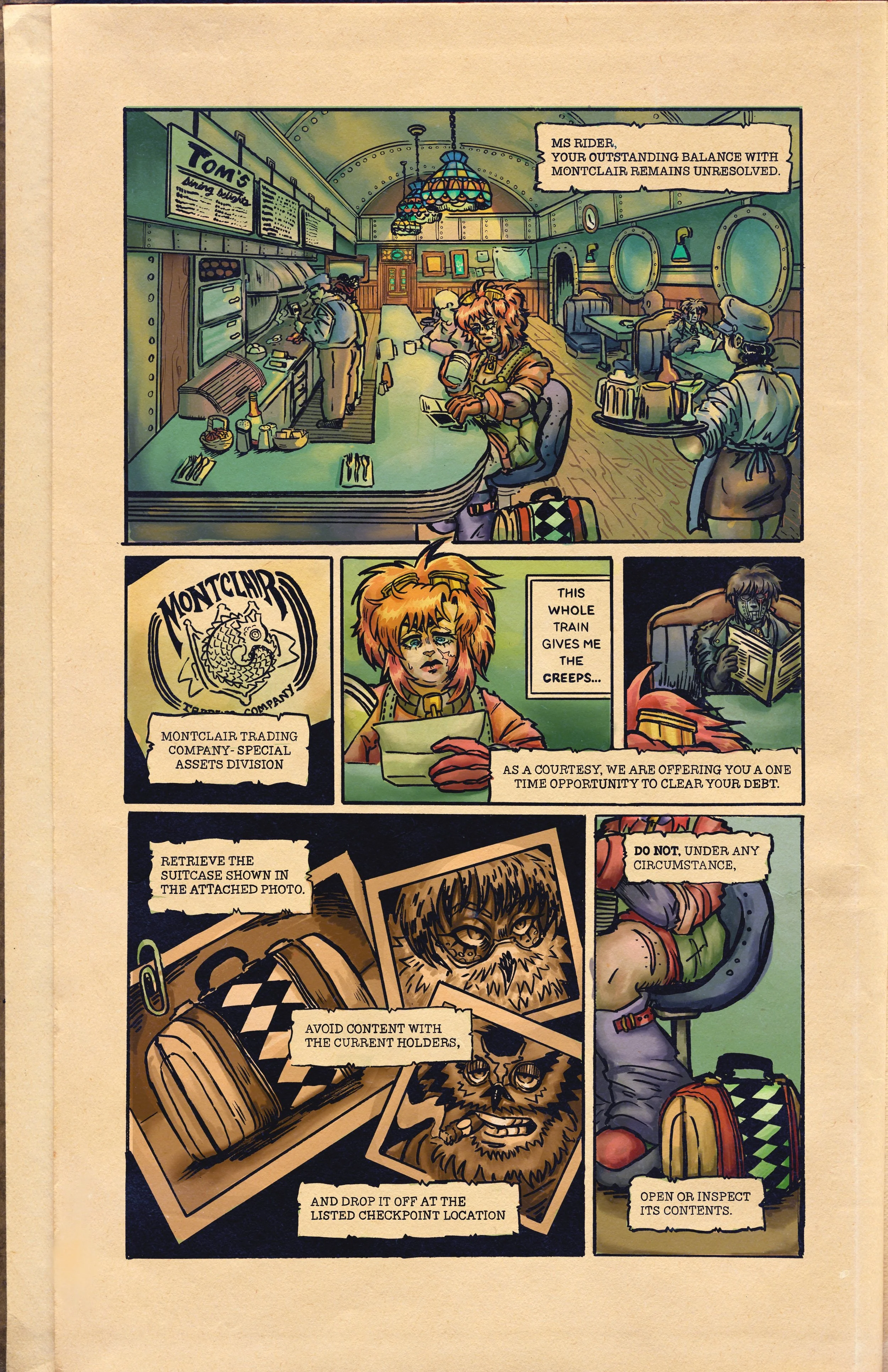 Comic panel depicting a vintage-style coffee shop or diner scene with several characters, including a waitress, a woman with orange hair, and a man in a mask reading a newspaper. The scene includes a sign for 'Tom's' and a logo for 'Montclair Trading Company,' with dialogue bubbles and instructional text related to a covert operation or inventory check.
