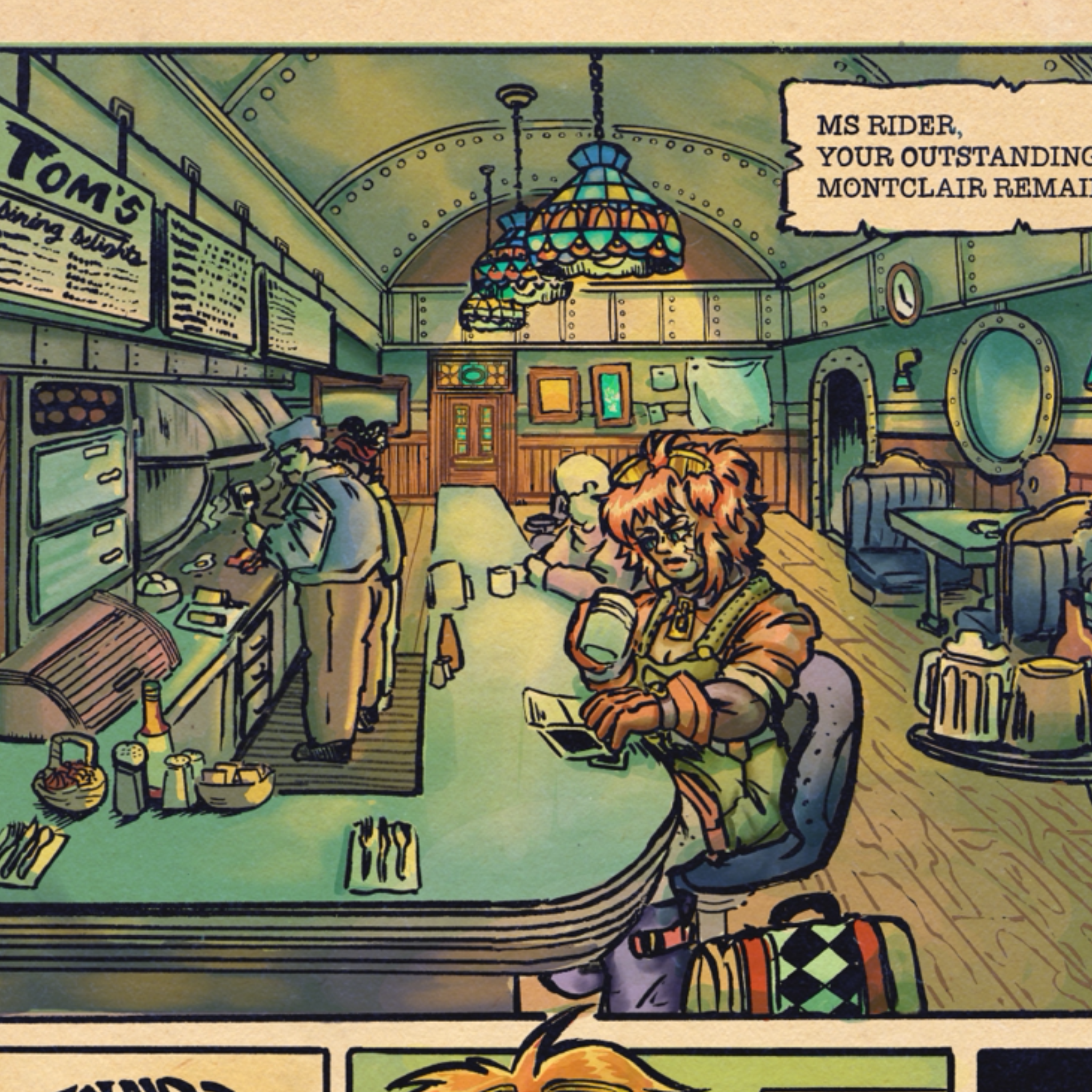 Colorful comic-style illustration of an indoor scene with a hanging Tiffany-style lamp, some people sitting at tables, and a sign in the background that says "Tom's".