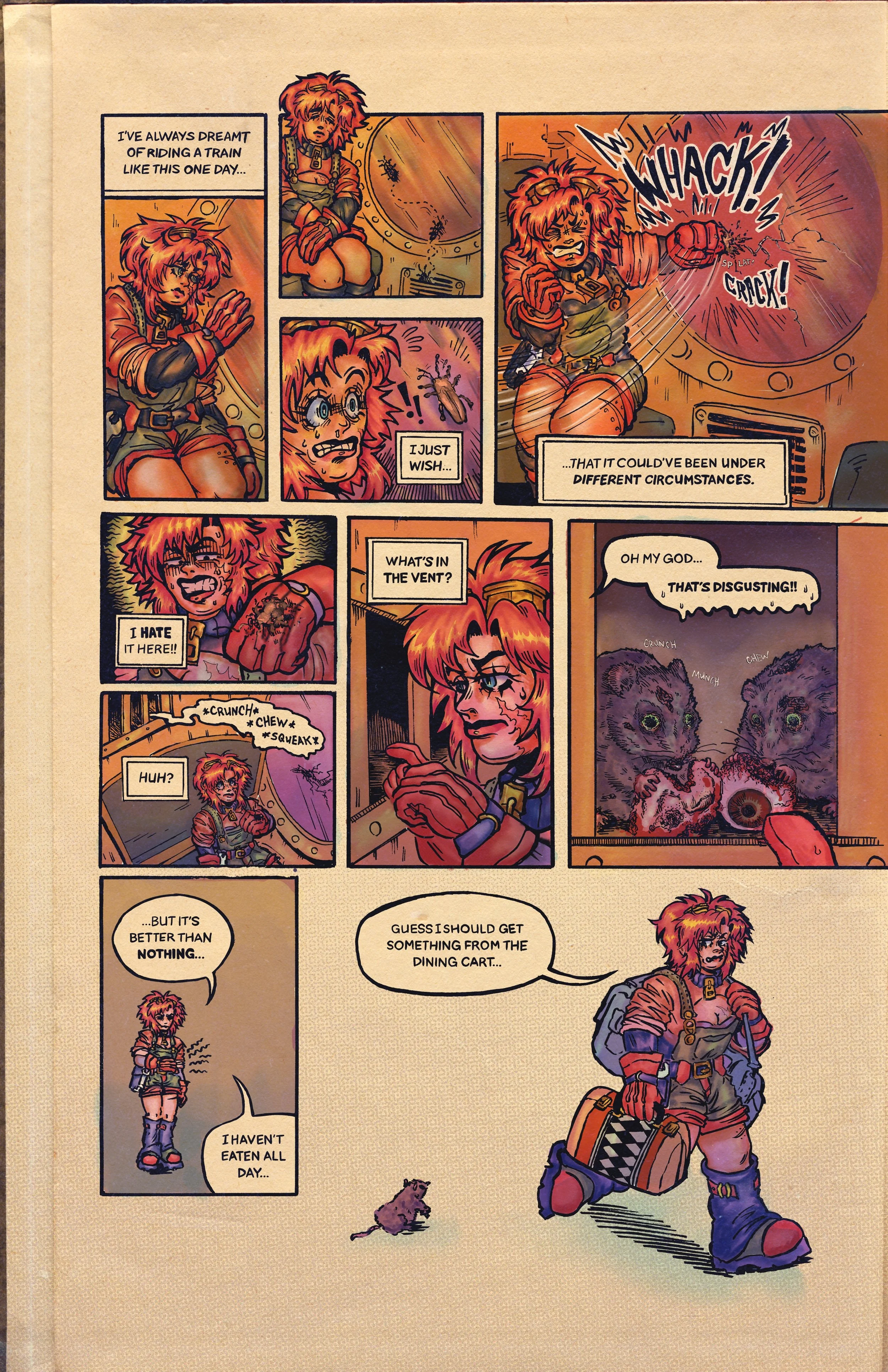 A comic strip featuring a woman with red hair dressed in a rugged outfit on a submarine, expressing frustration about a rat in the vent, which disgusts her. She mentions dreaming of riding a train one day and wishes to escape her current circumstances.