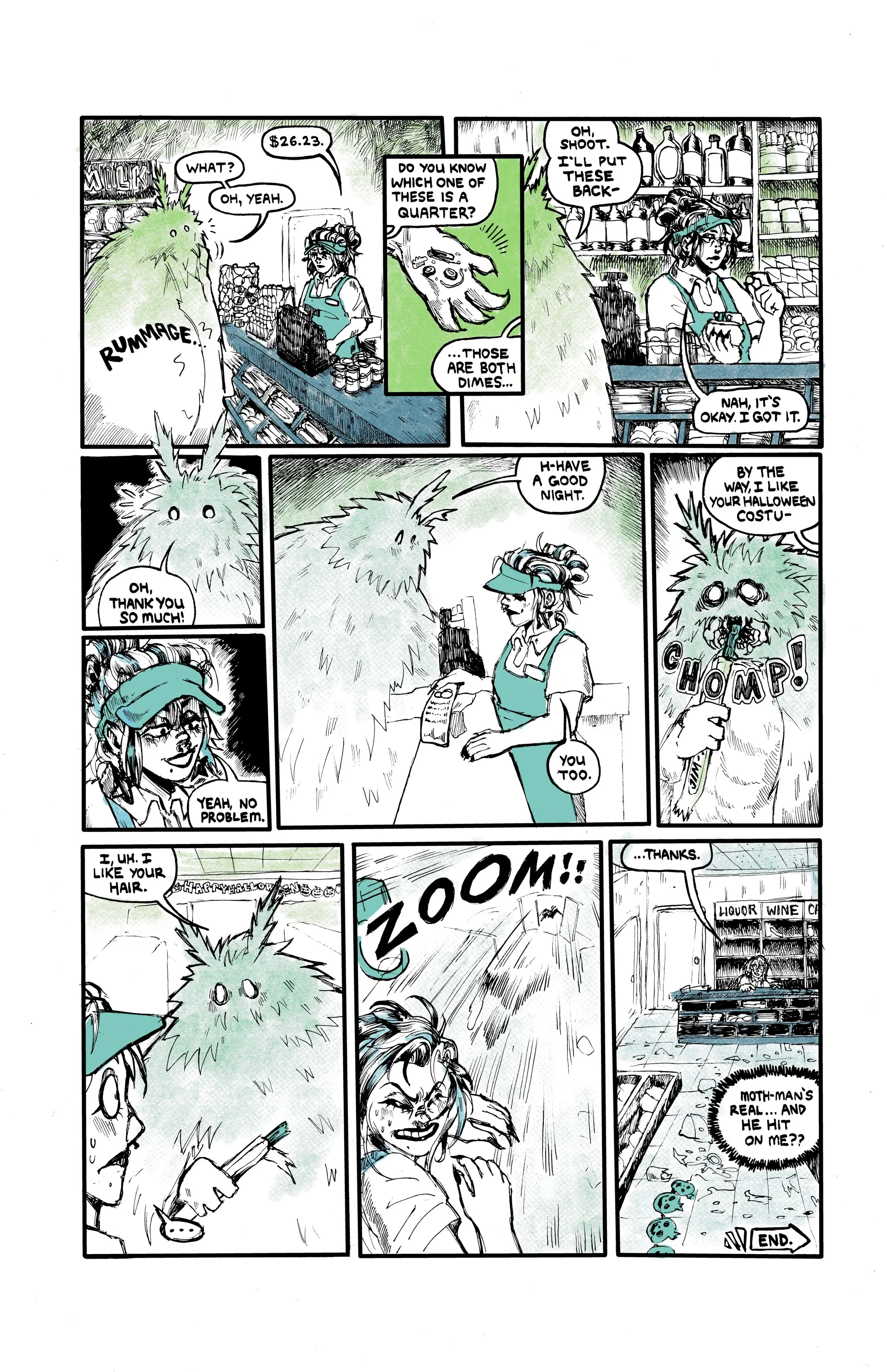 A black and white comic strip featuring a woman working at a liquor store counter and a furry creature, with dialogue about Halloween costumes, money, and a zombie attack.