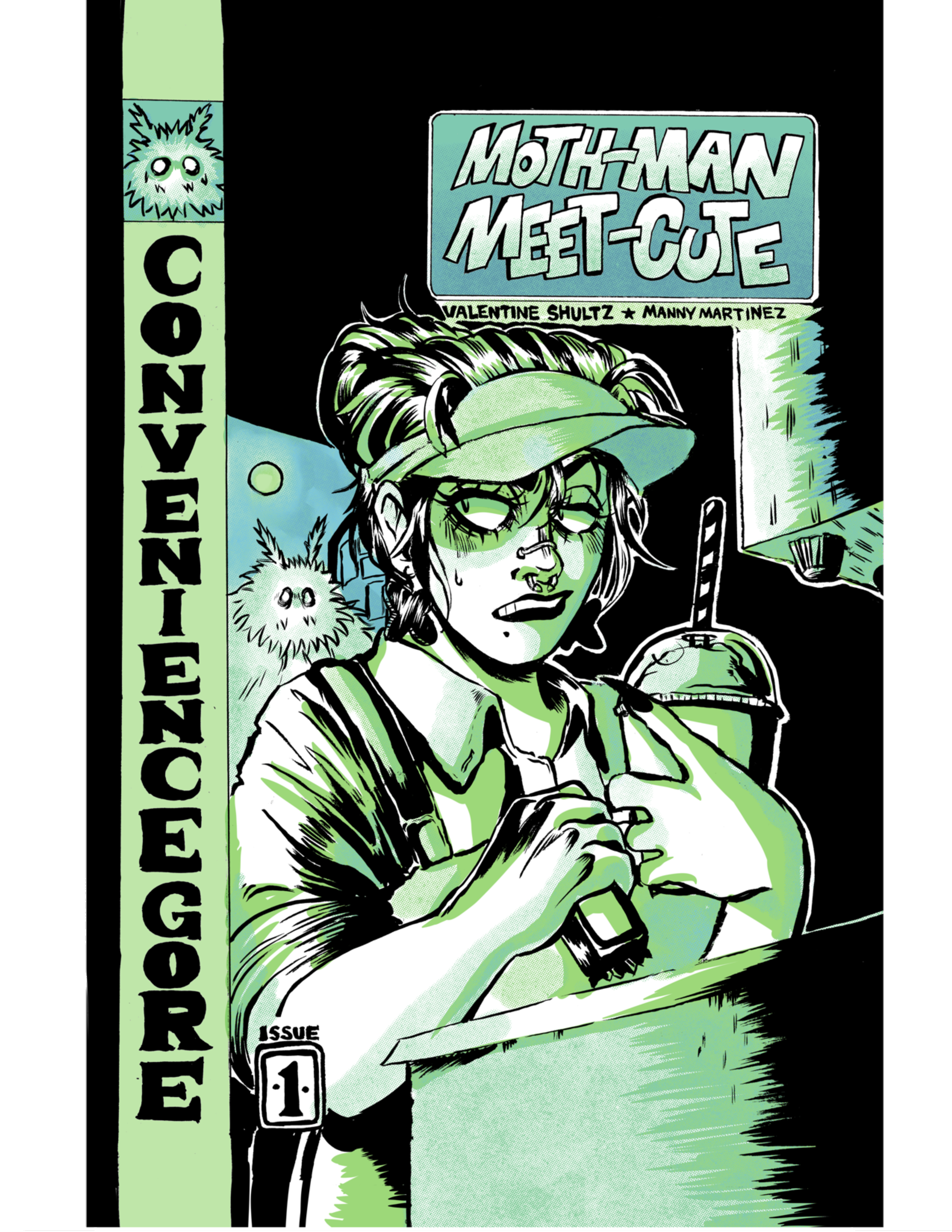 Comic book cover titled 'Mother Man Meets CUTE' featuring a green-skinned character with glasses and a visor, holding a drink, with a cat-like creature nearby. The cover mentions 'Conventions' on the left side and includes issue information.