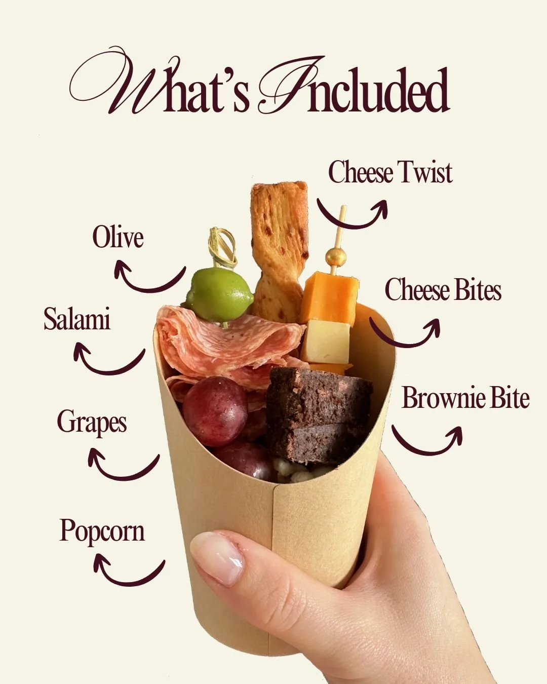 A hand holding a paper cone with various snack items labeled: popcorn, grapes, salami, olive, cheese twist, cheese bites, brownie bite.