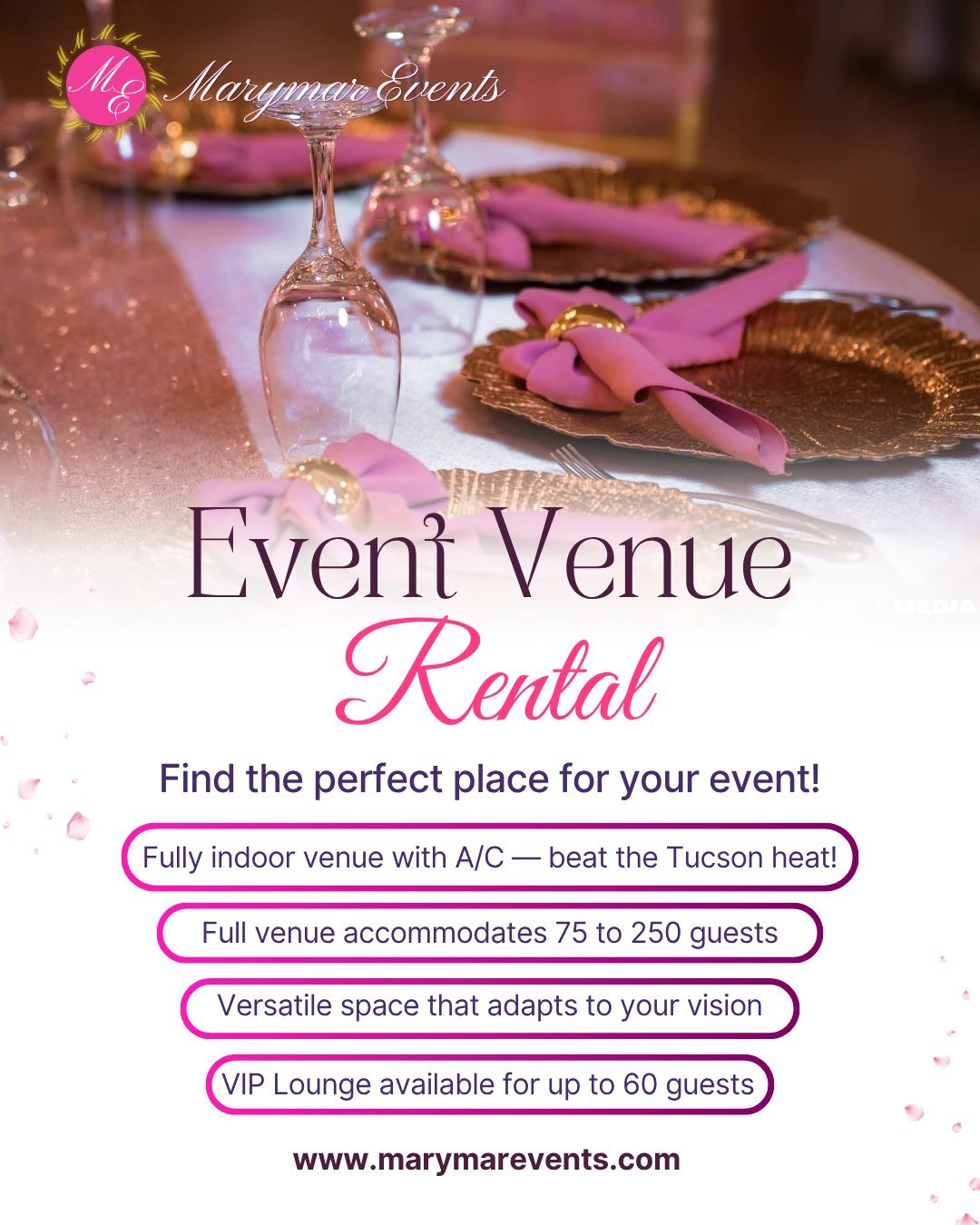 Your perfect venue is closer than you think ✨

🏛️ Fully indoor + A/C (bye, Tucson heat)
🎉 75&ndash;250 guests
🥂 VIP Lounge for up to 60
🎤 Built-in stage + private changing room + bar area

Book your tour today &mdash; link in bio 💕

#marymareven