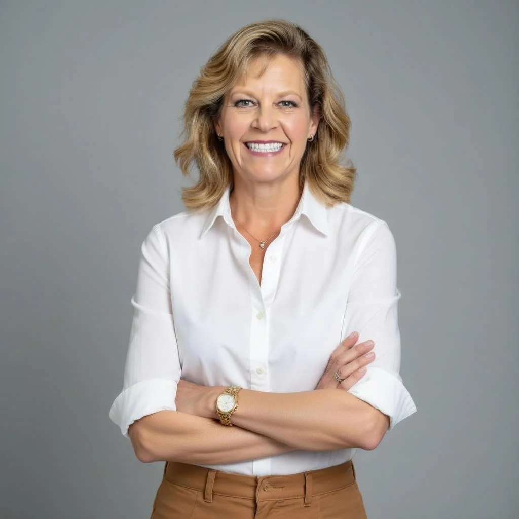 A middle-aged woman with blonde, wavy hair smiling and crossing her arms, wearing a white shirt, tan pants, a watch, and a necklace, against a plain gray background.