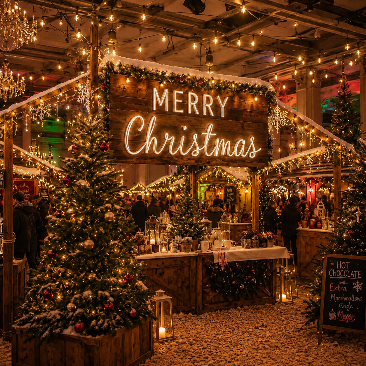 Weihnachtsmarkt für Firmenfeiern und Winterevents mit Lichterketten und Schild „Merry Christmas“ in Norddeutschland / Hamburg