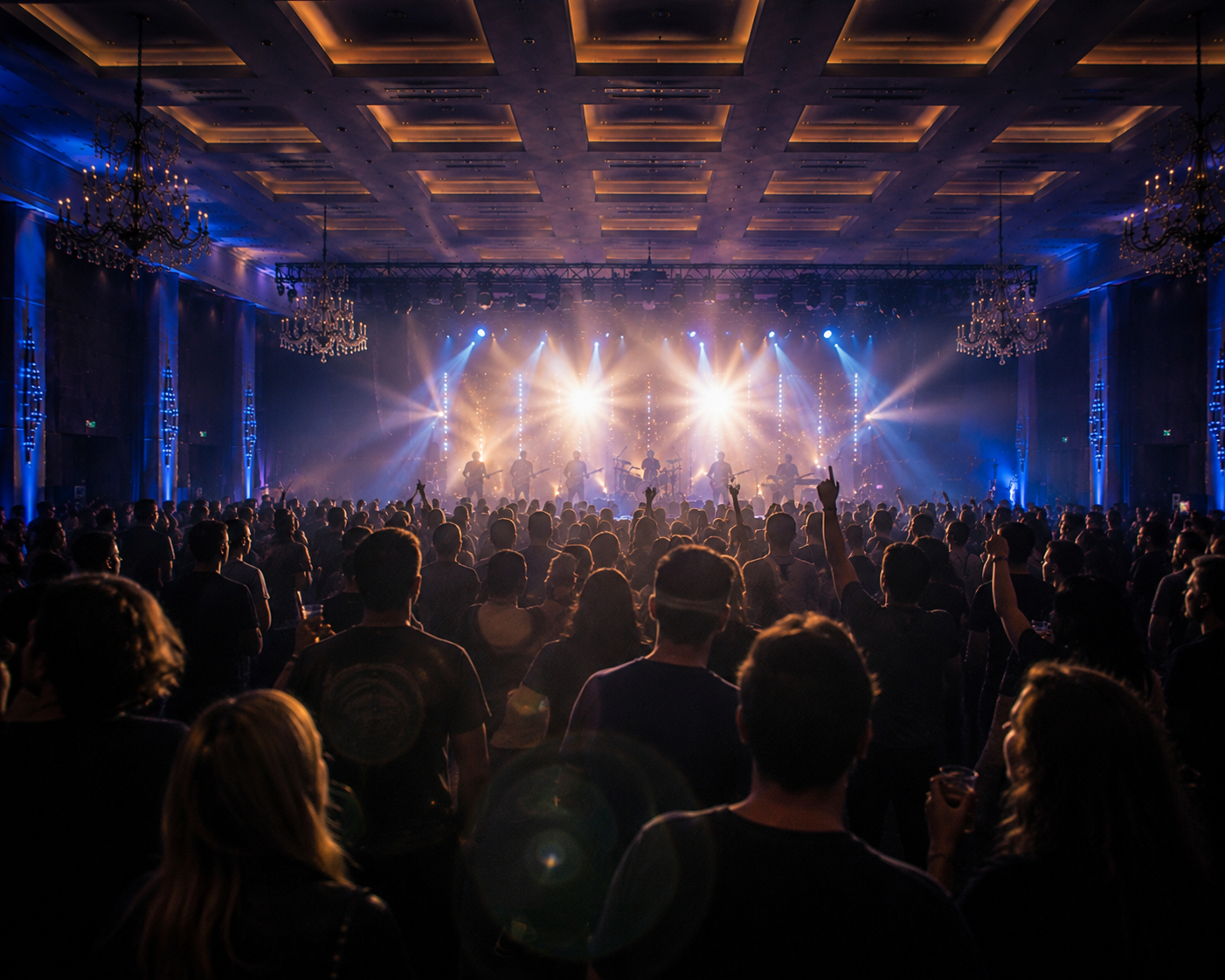 Live Konzert in der Golden Hall in Hamburg mit Bühne, Kronleuchtern und Publikum