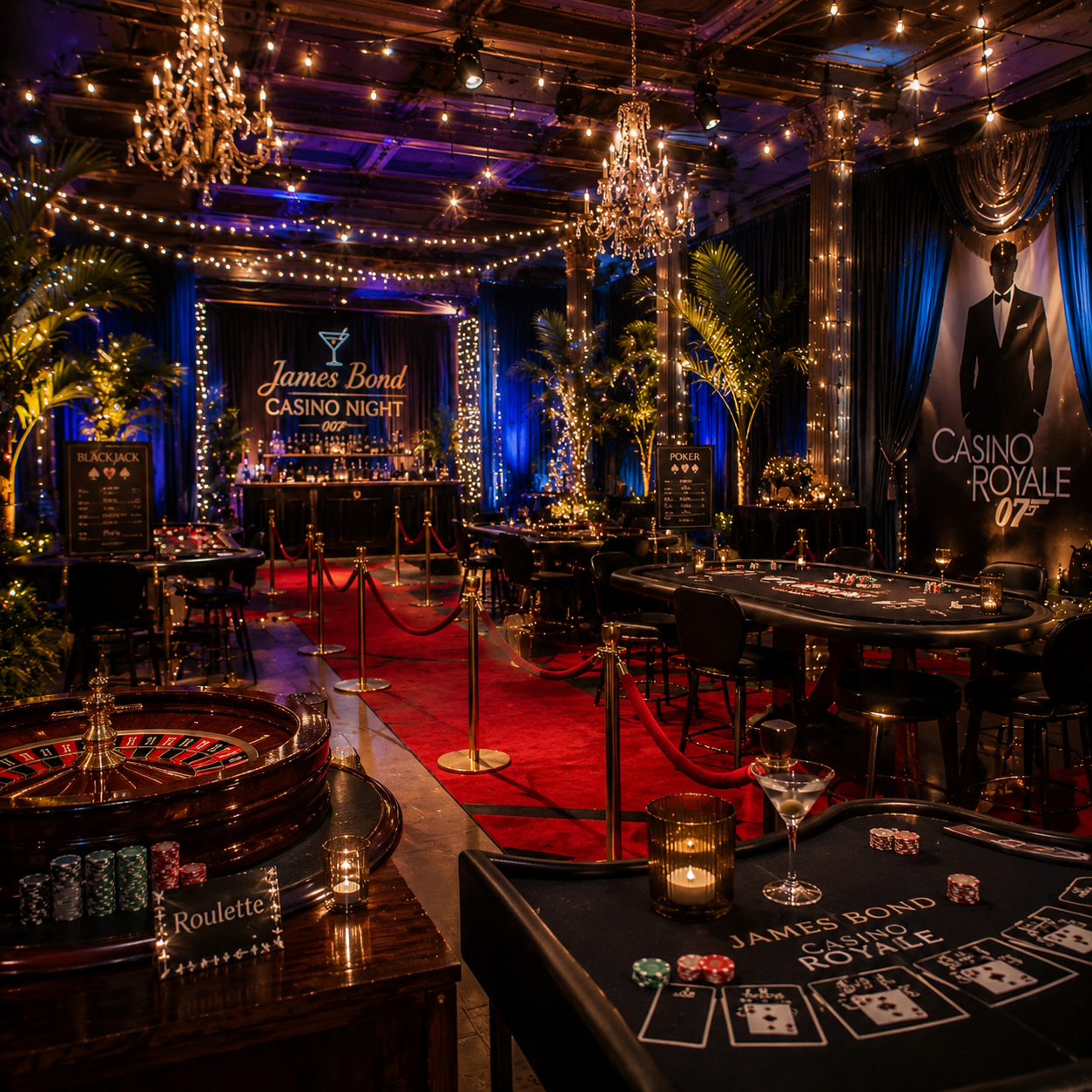 Casino Royale Event / James Bond in der Golden Hall in Hamburg mit Roulette-, Poker- und Blackjack-Tischen