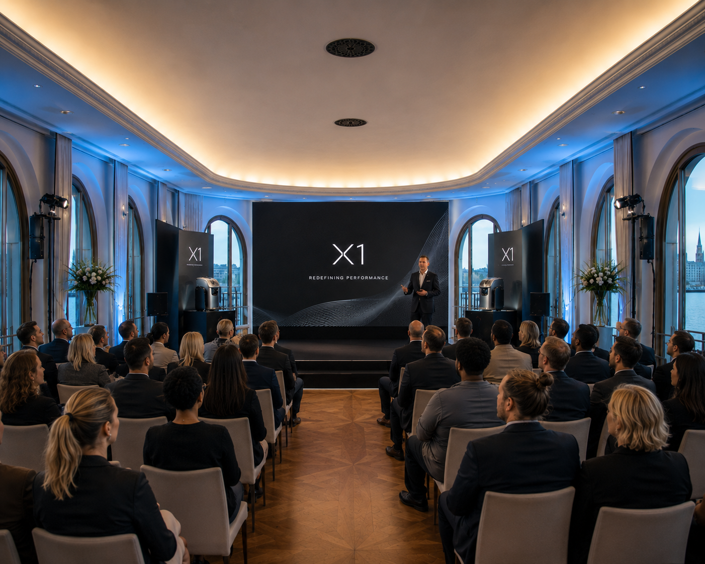 Konferenz in der Oval Hall in Hamburg mit Gästen, Präsentation und großen Fensterfronten