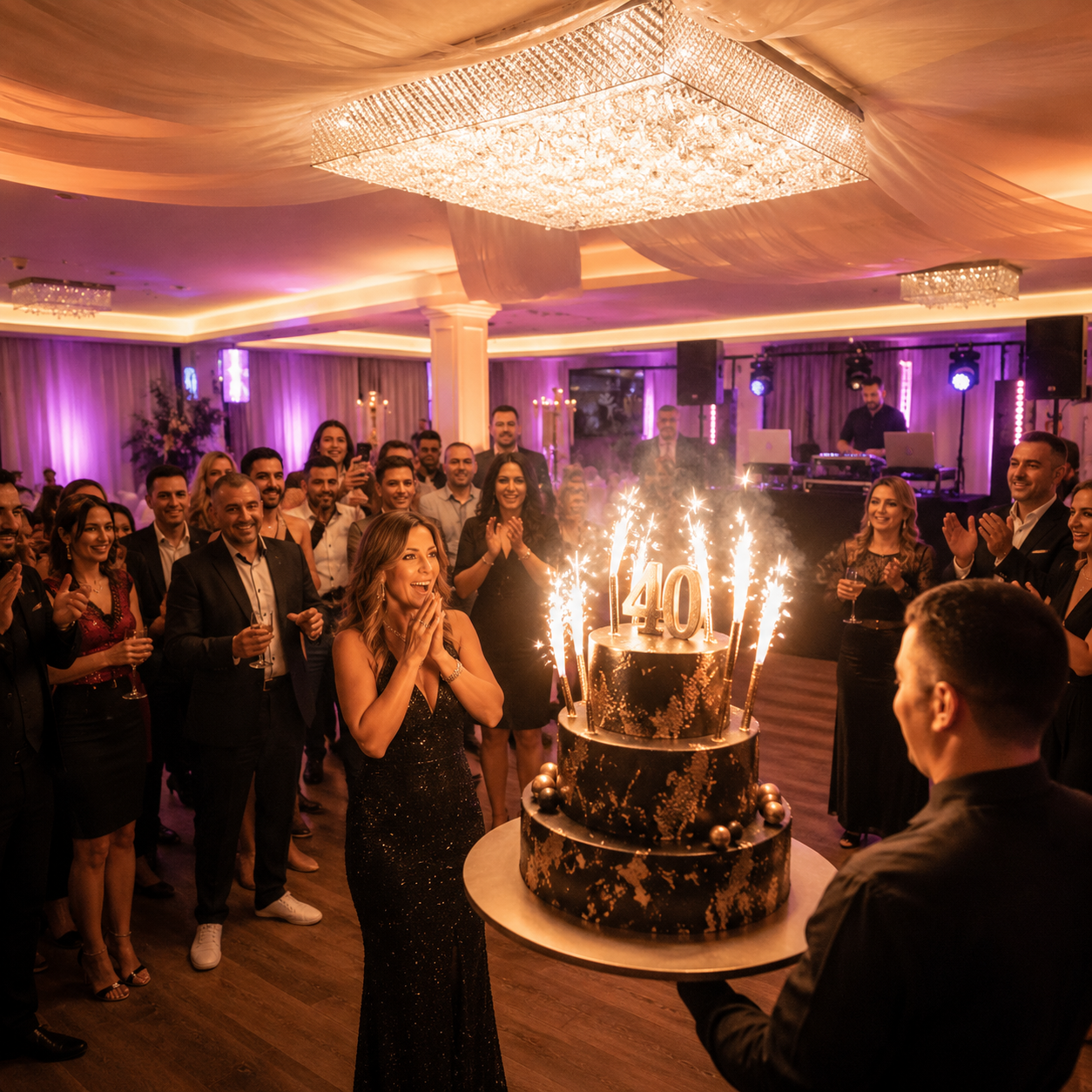 40. Geburtstagsfeier in der Silver Hall in Hamburg mit Gästen, Torte und festlicher Beleuchtung