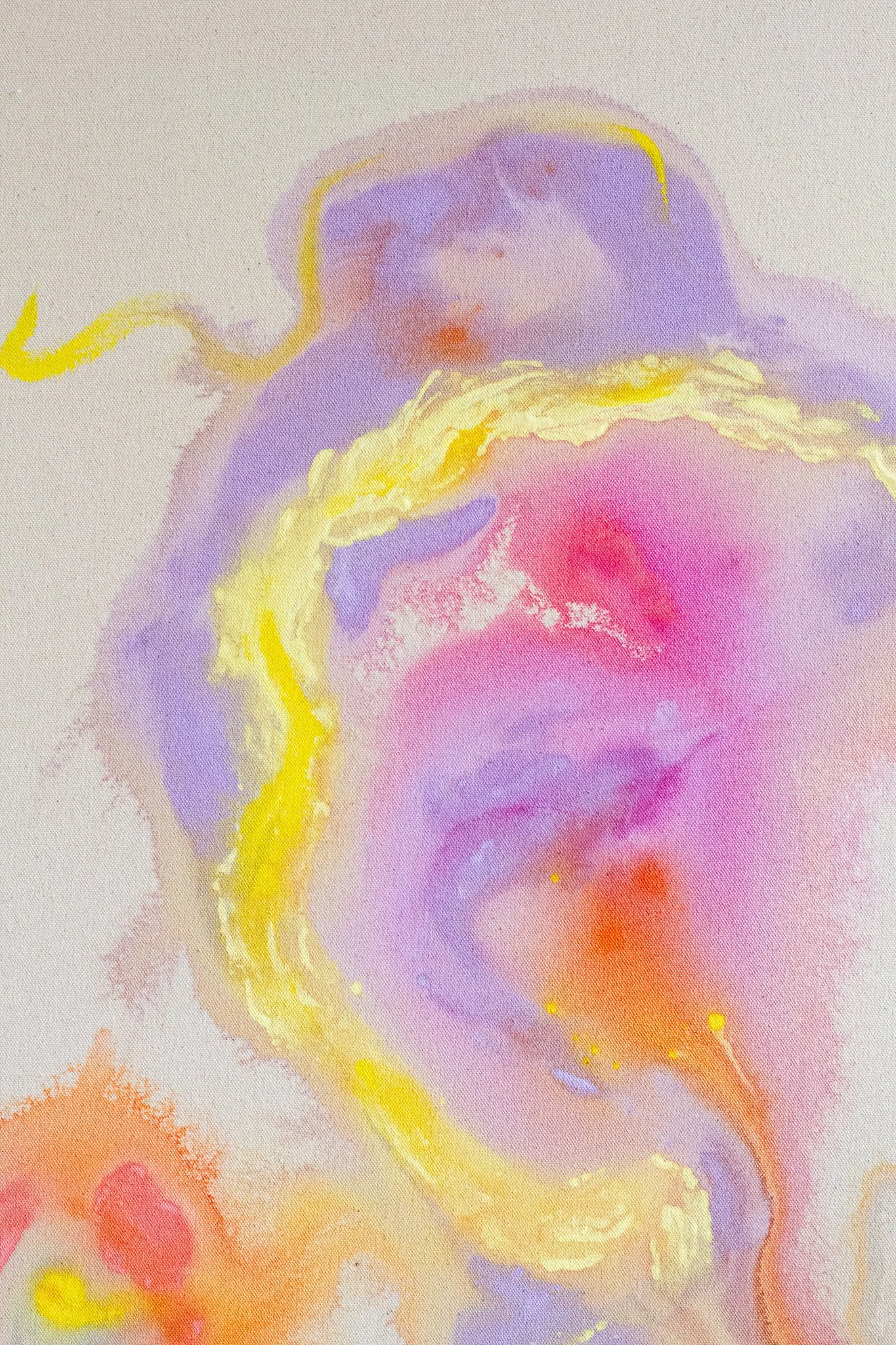 Abstract watercolor painting with swirls of purple, pink, yellow, orange, and hints of red and peach.