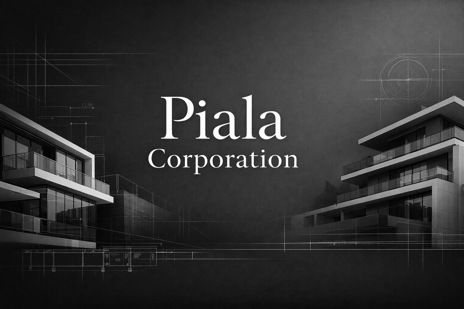 Black and white architectural blueprint with modern building designs and the text 'Piala Corporation' in the center.