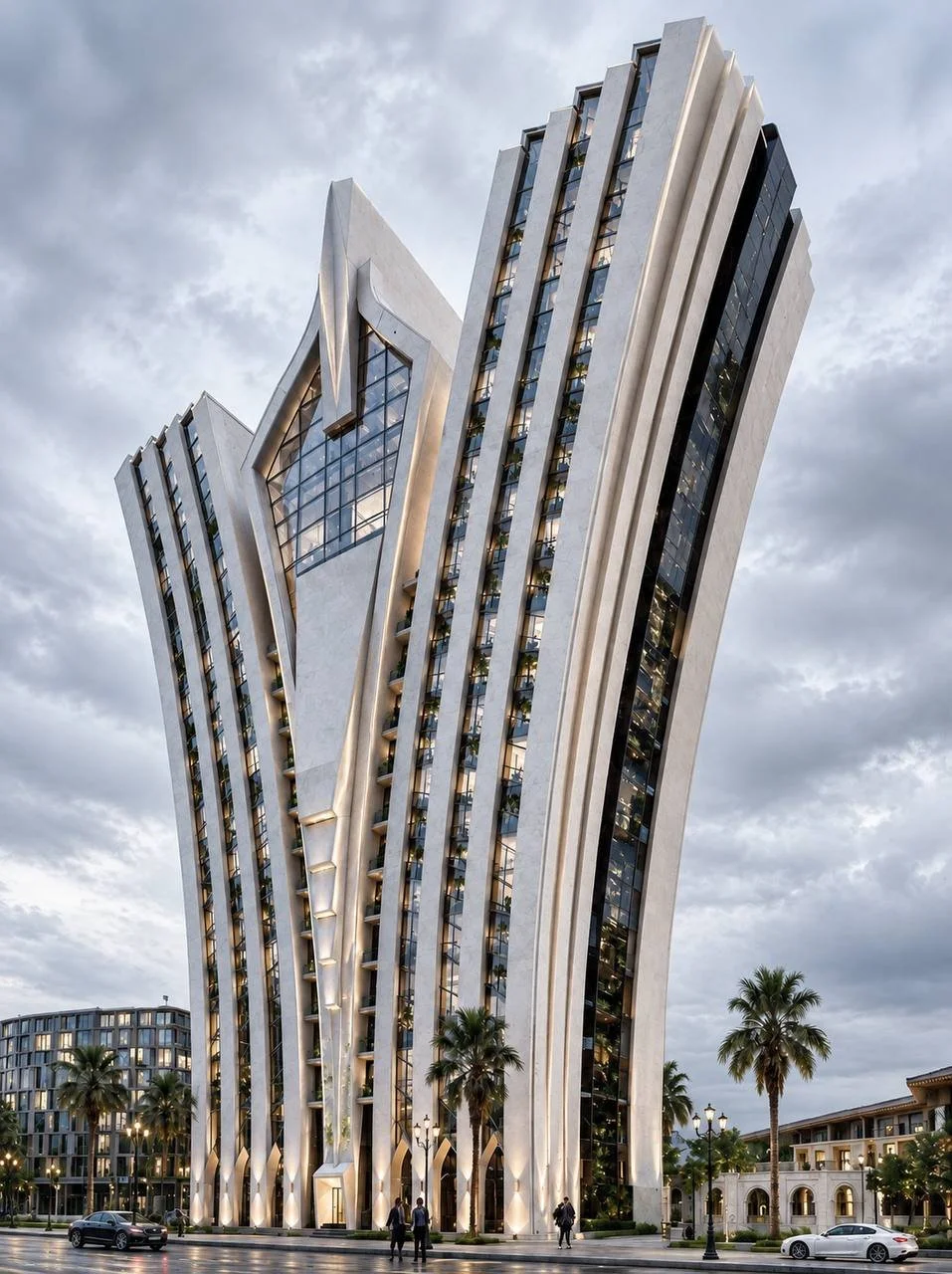 Tall modern building with unique architectural design and vertical lines, surrounded by palm trees and people walking, with cloudy sky in the background.