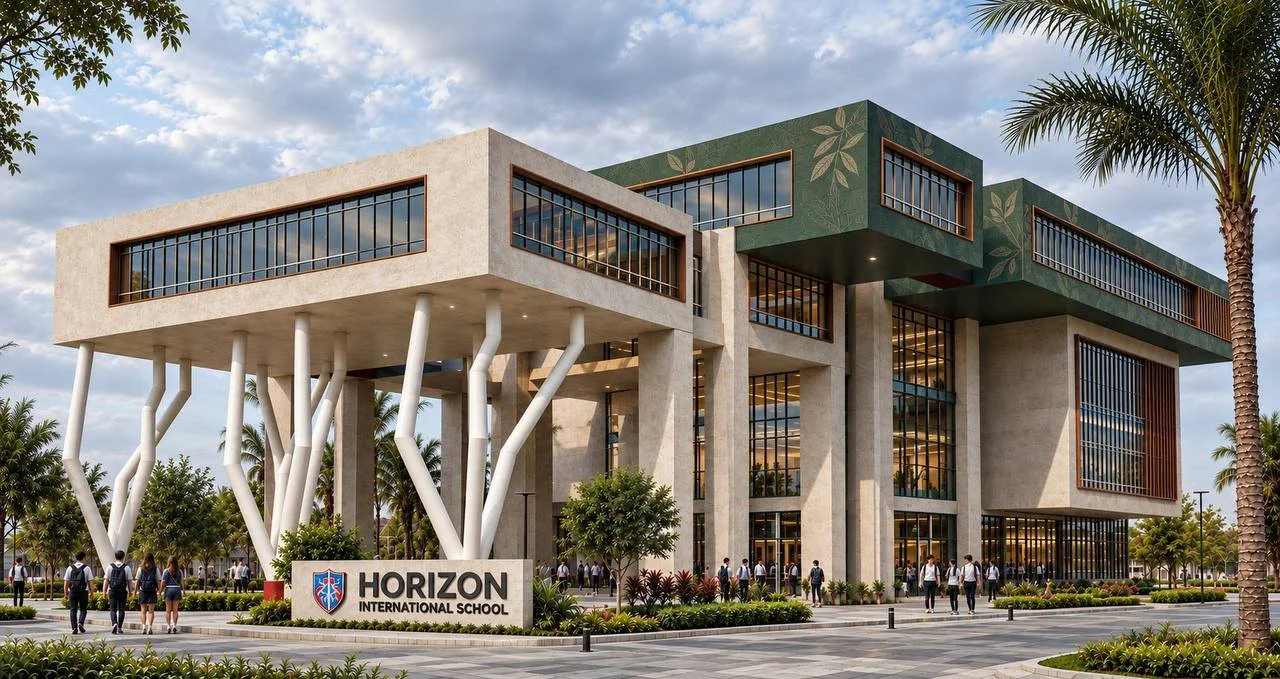 Modern school building with large glass windows, surrounded by palm trees and students walking outside, with a sign that reads 'Horizon International School'.