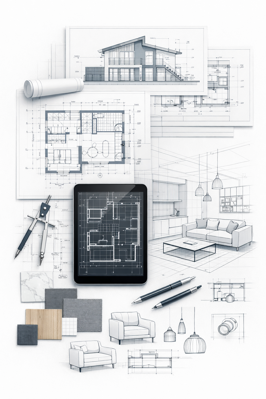 Architectural blueprints and floor plans of a house with furniture sketches and color samples.