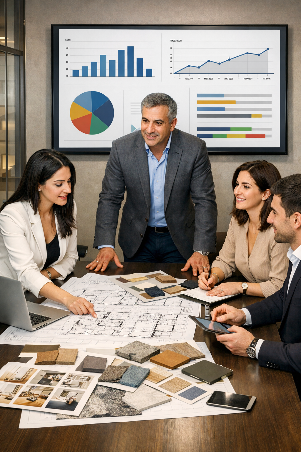 Business meeting in a conference room with five people, one man standing and four seated around a table with fabric swatches, design layouts, and electronics, with charts and graphs displayed on a screen behind them.