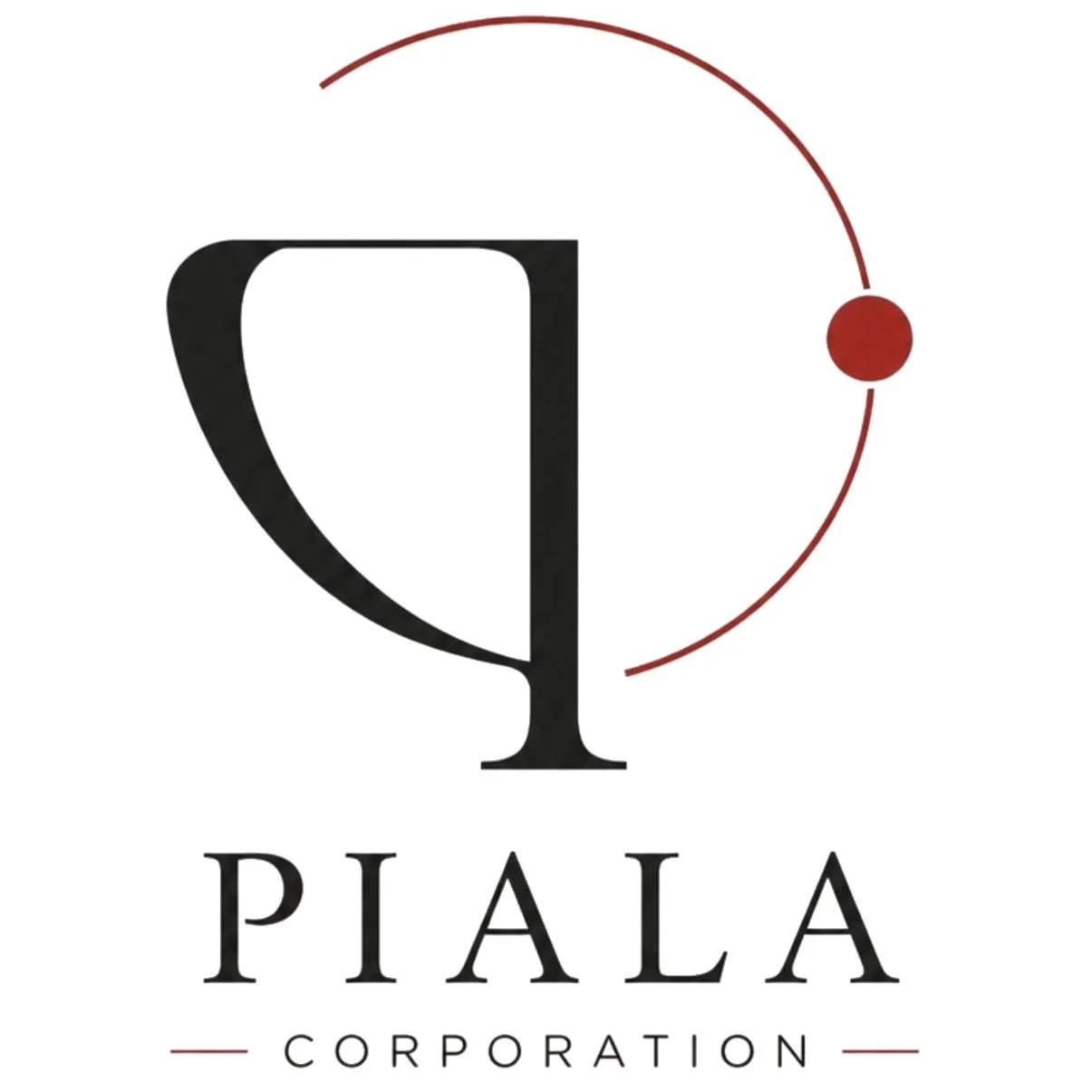 Logo for Piala Corporation featuring a stylized black letter 'P' and a red circle connected by curved lines.