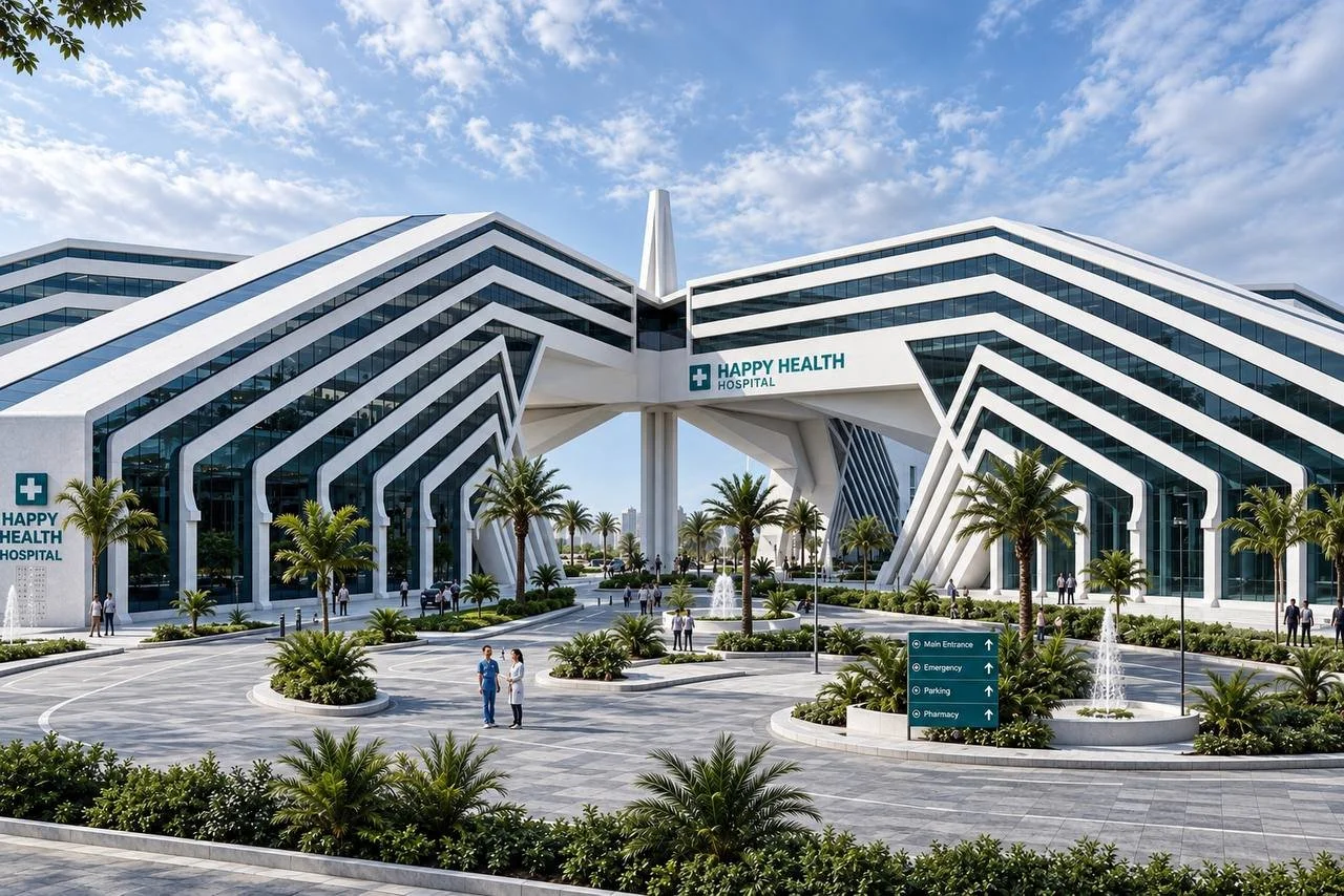 Modern hospital building with a white and black architectural design, palm trees, fountain, and a sign indicating multiple entrances, labeled 'HAPPY HEALTH HOSPITAL'.