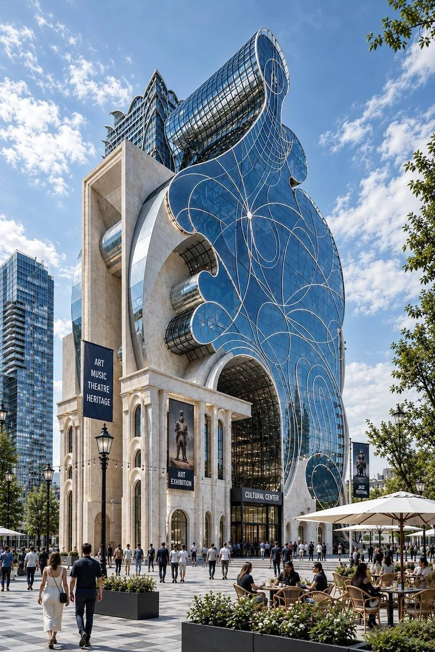 Modern glass building with curvy architectural design, several people walking and sitting outside, banners for art and music events, and a clear blue sky.